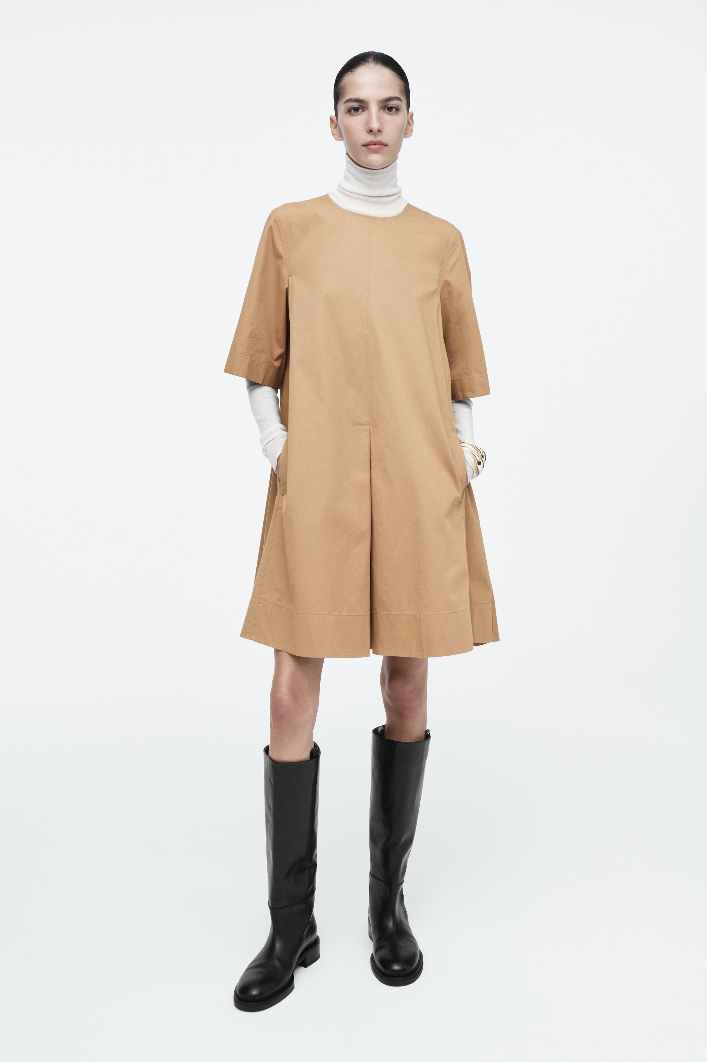 PLEATED COTTON MINI DRESS - BEIGE | COS