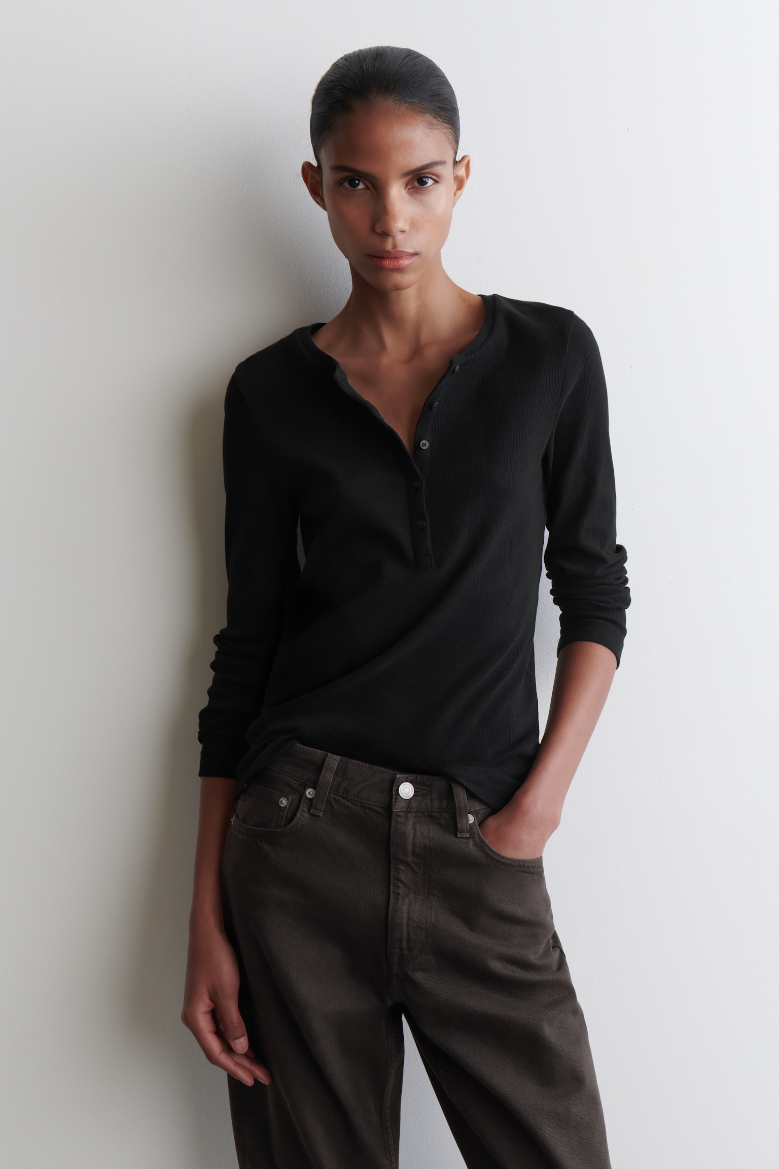 LANGÄRMLIGES HENLEY-OBERTEIL - SCHWARZ/BEIGE MELIERT/GRAU MELIERT - 1