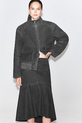 CORDED SUEDE FLARED MIDI SKIRT — ANTHRACITE 5