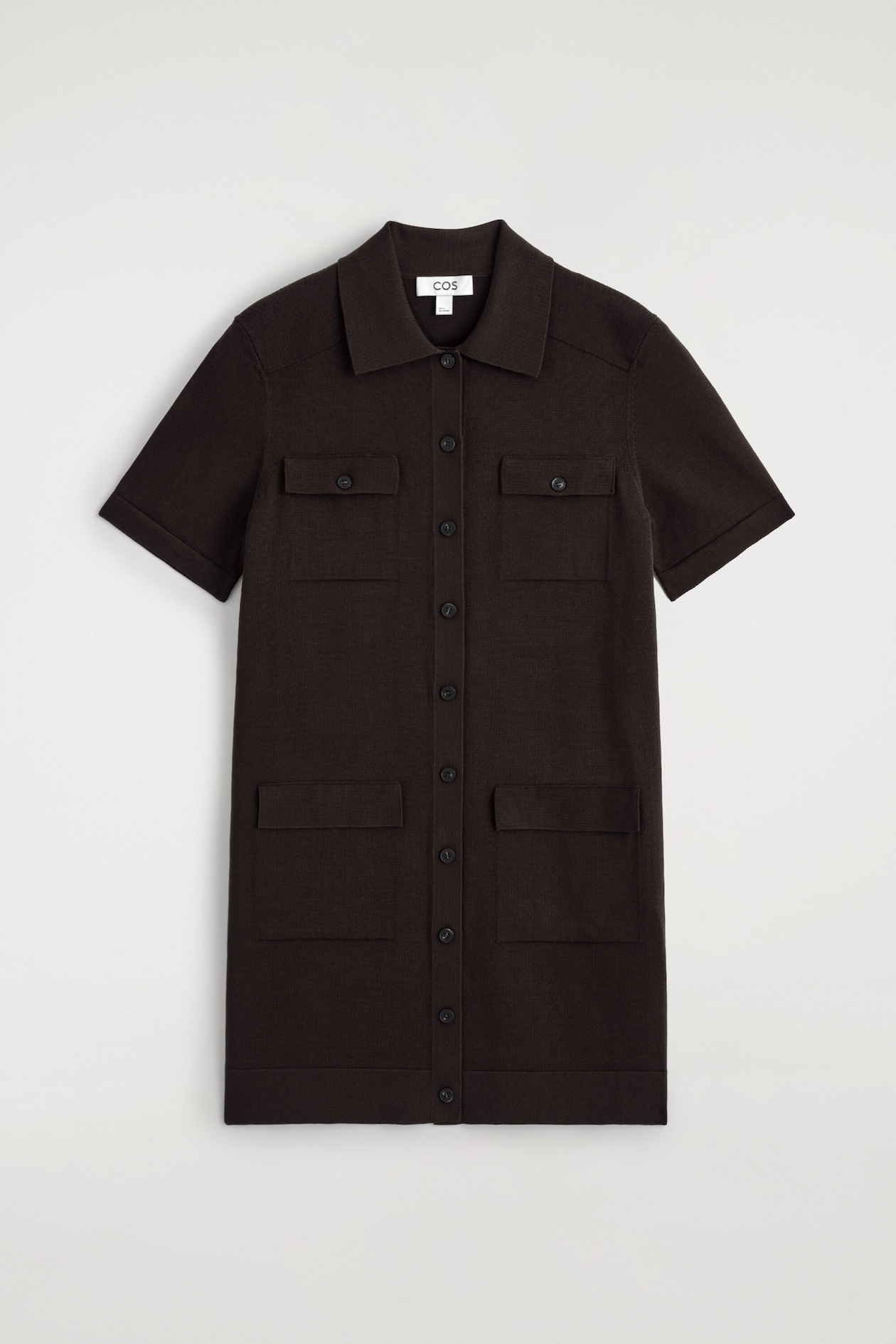 POCKET-DETAIL KNITTED COTTON MINI DRESS — DARK BROWN