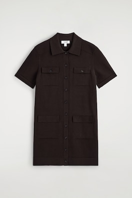 POCKET-DETAIL KNITTED COTTON MINI DRESS — DARK BROWN 7