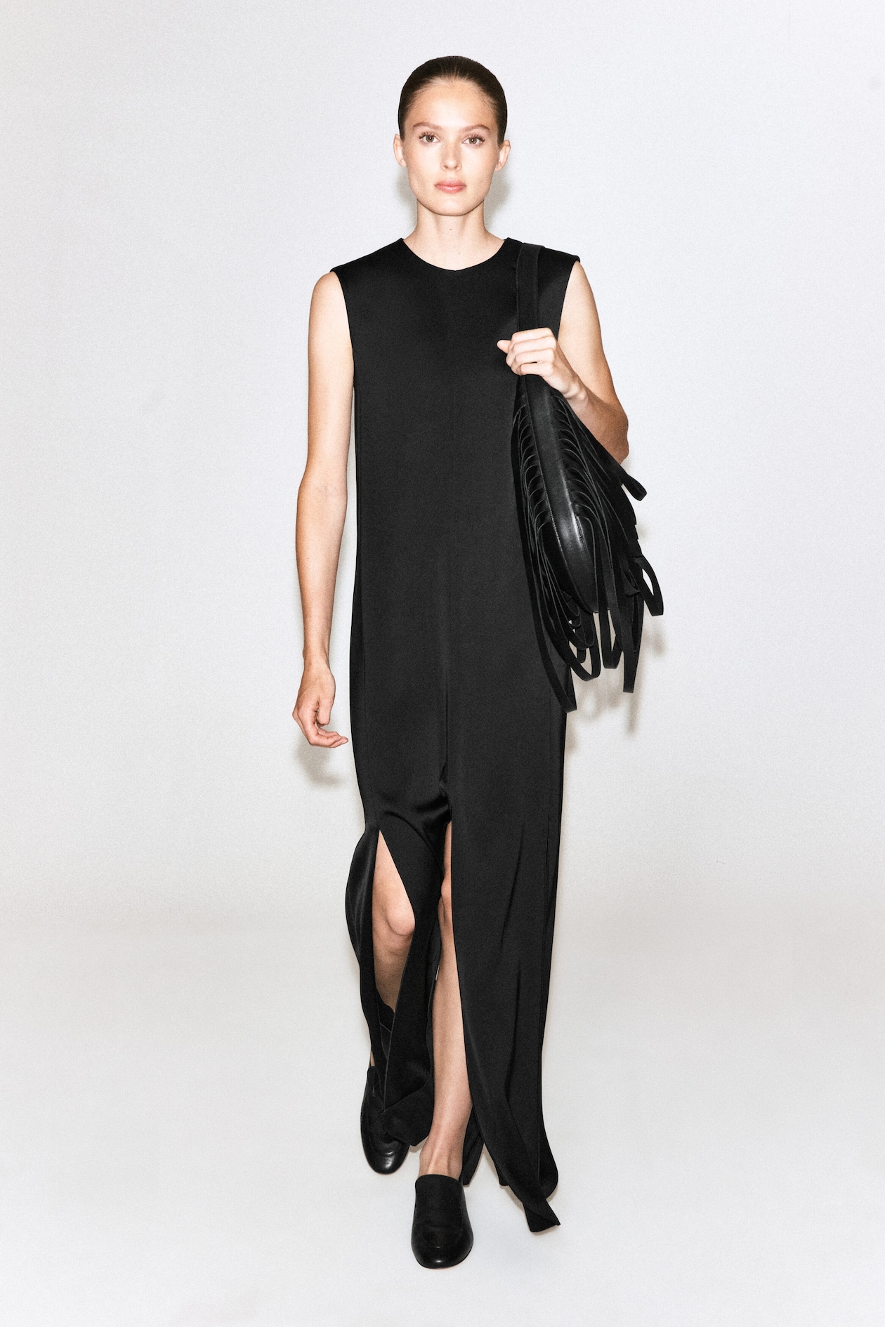 PANELED MATTE-SATIN COLUMN DRESS — CARBON