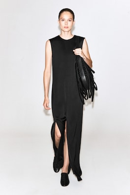 PANELED MATTE-SATIN COLUMN DRESS — CARBON 1