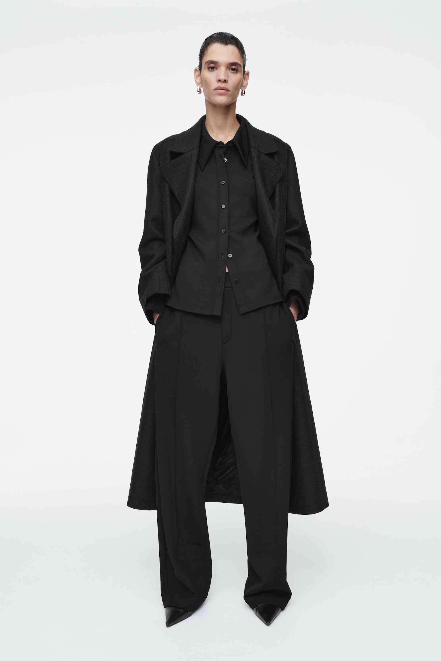 SLIM EXAGGERATED-COLLAR JERSEY SHIRT - BLACK - 4