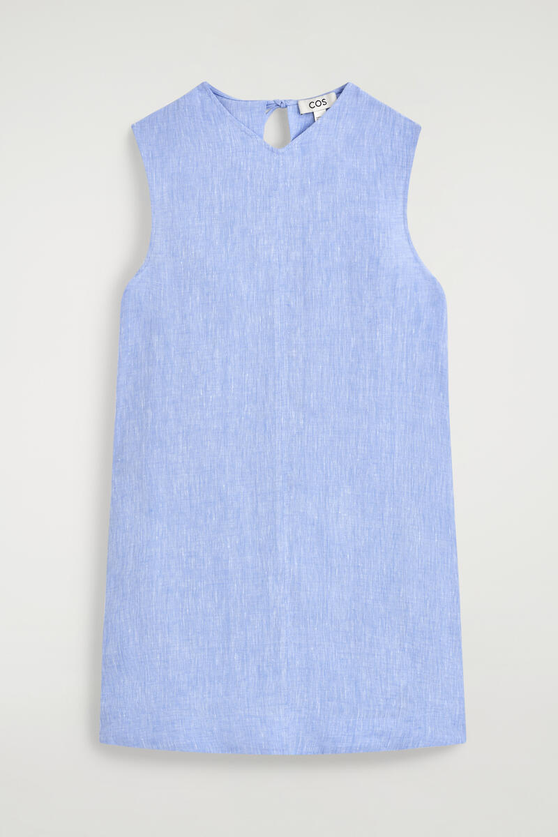 V-Neck Open-Back Linen Mini Dress in Light Blue