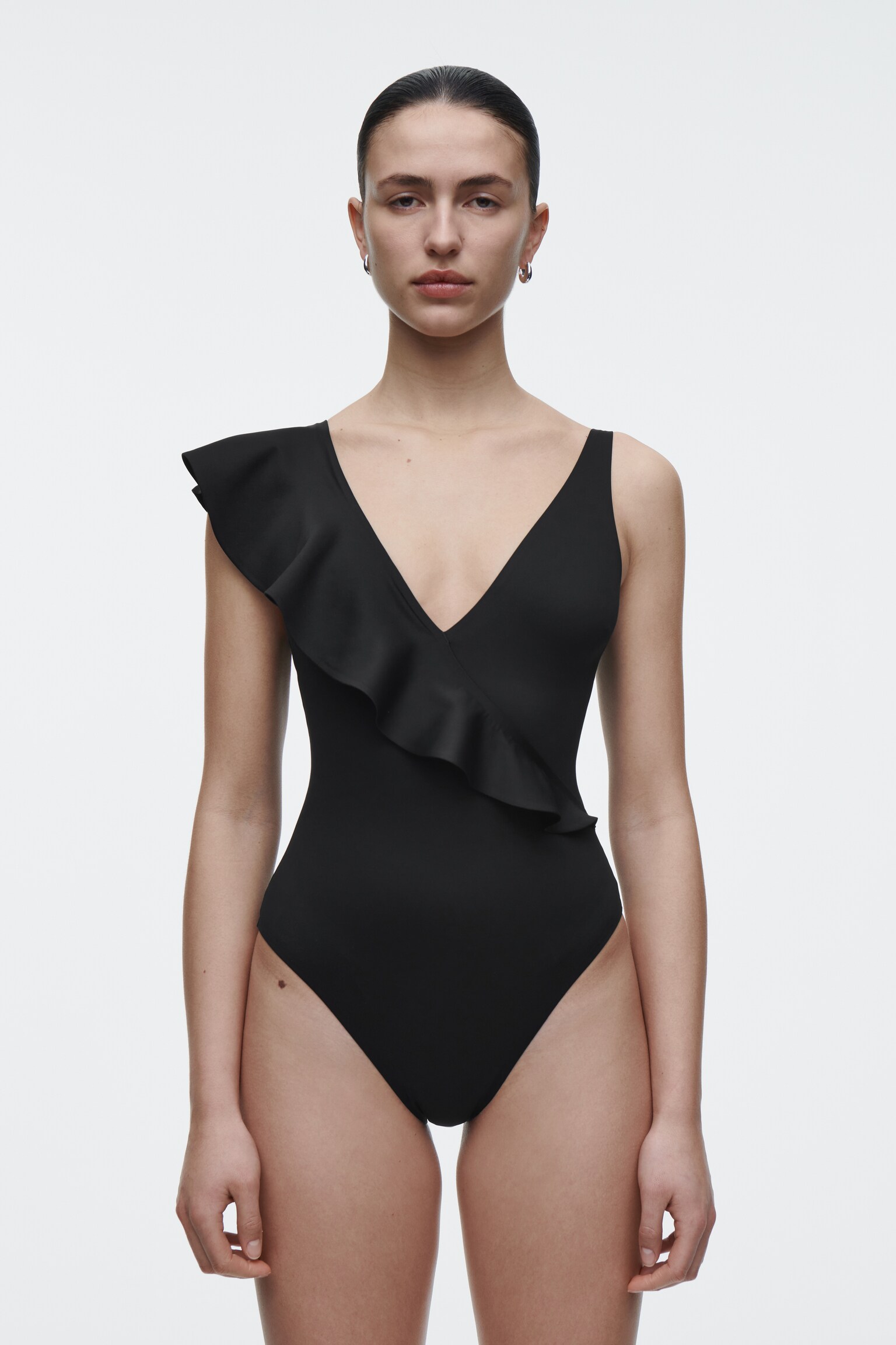 ASYMMETRIC RUFFLED SWIMSUIT - BLACK
