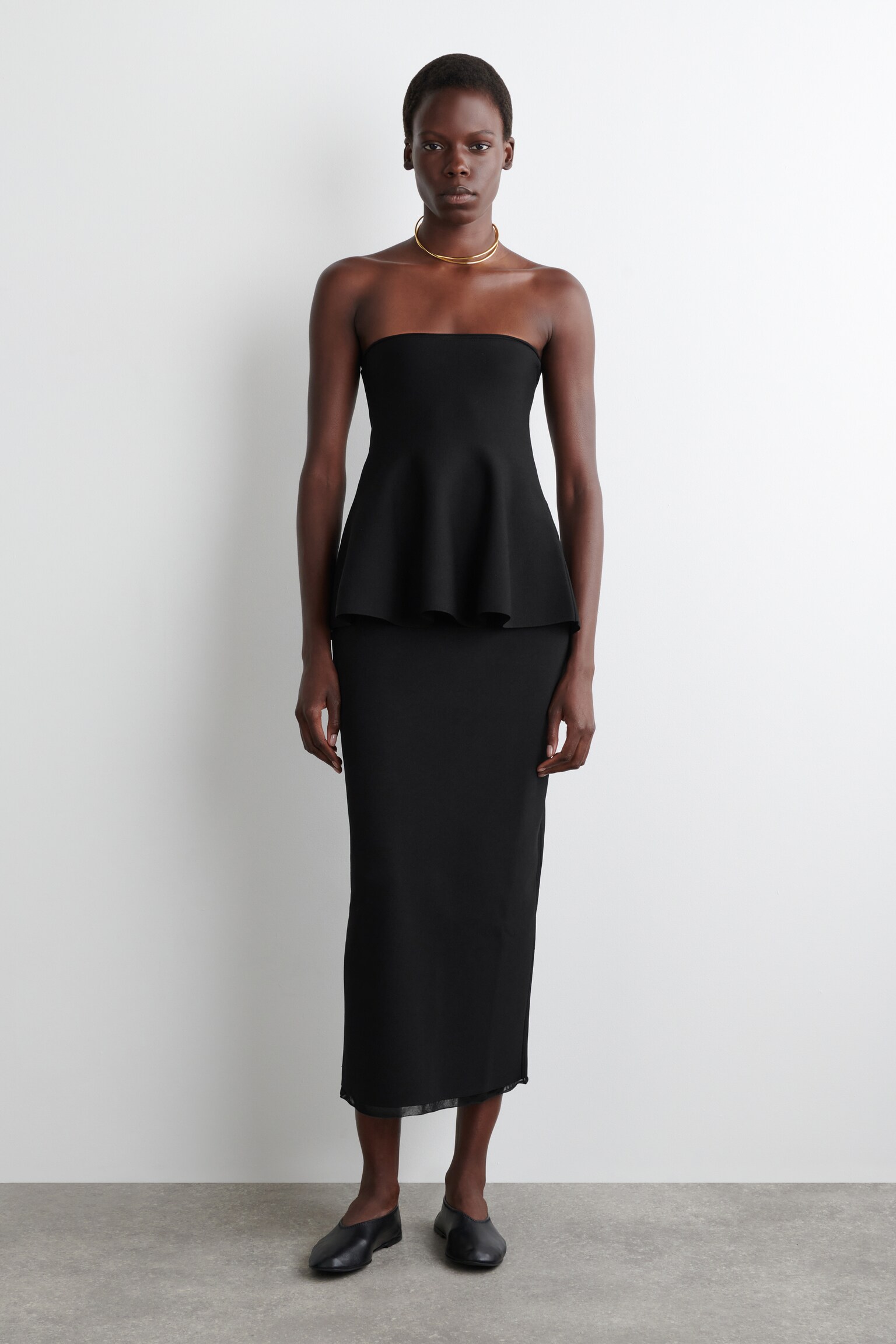 SHEER-DETAIL KNITTED PEPLUM TOP - BLACK - 8
