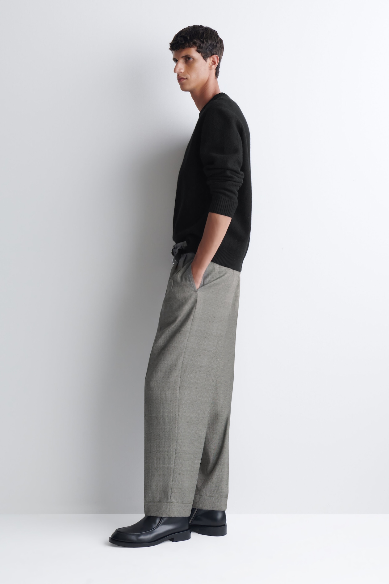 BOILED MERINO WOOL CREW-NECK SWEATER — BLACK