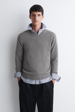 PURE CASHMERE V-NECK SWEATER — GRAY MÉLANGE 1