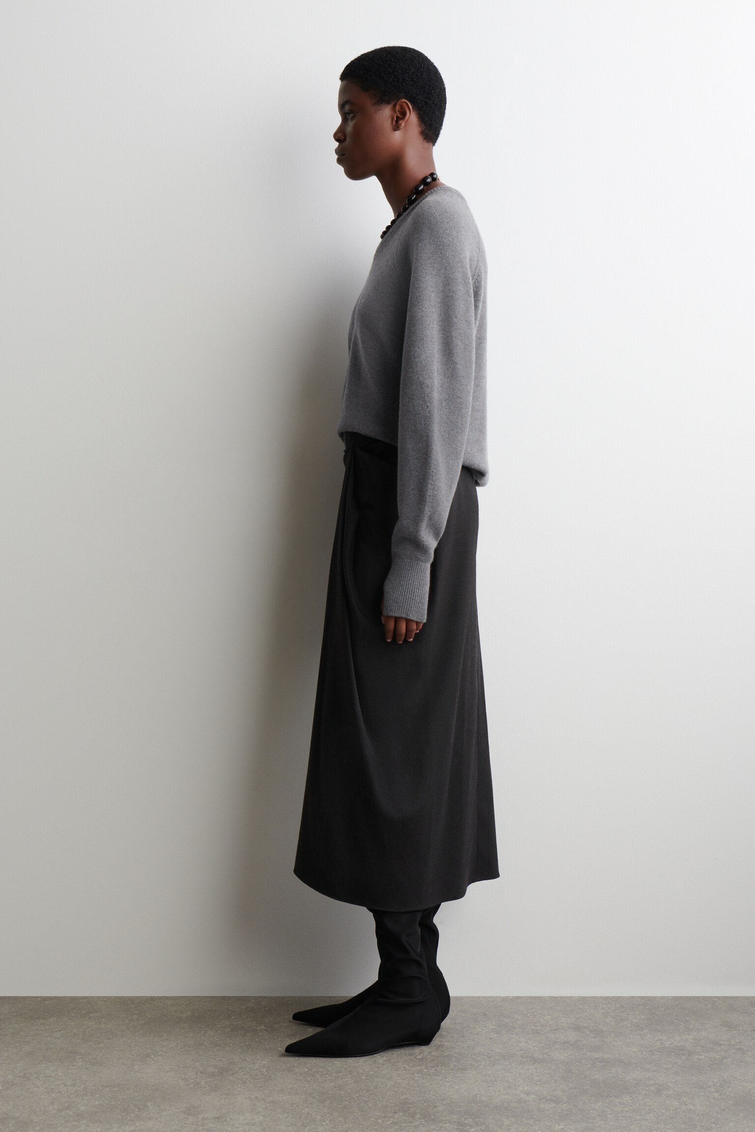 JUPE MIDI DRAPÉE EN LAINE MÉLANGÉE - GRIS ANTHRACITE CHINÉ - 4