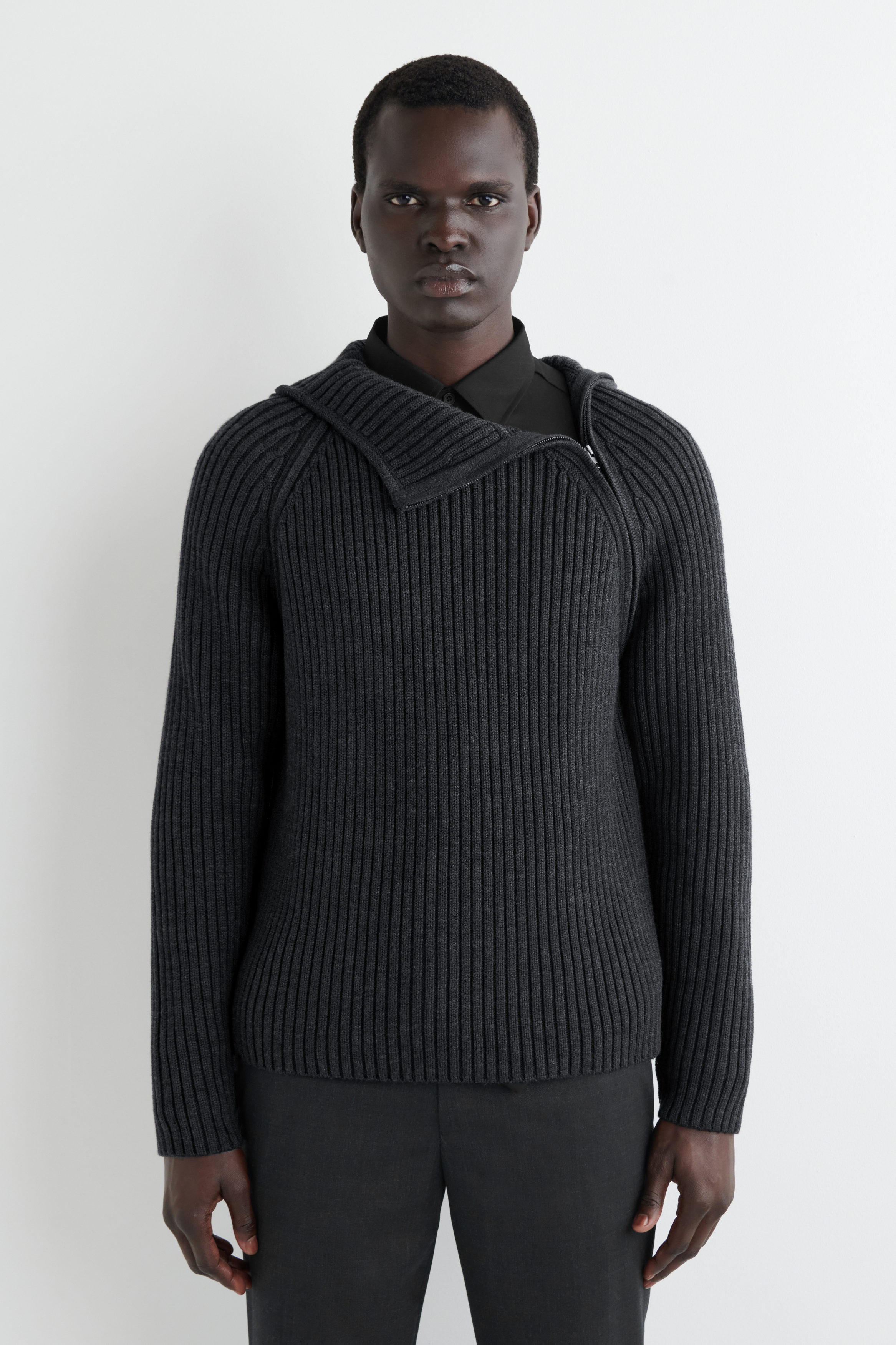 CHUNKY RIBBED WOOL-COTTON HOODIE - CHARCOAL MÉLANGE | COS US