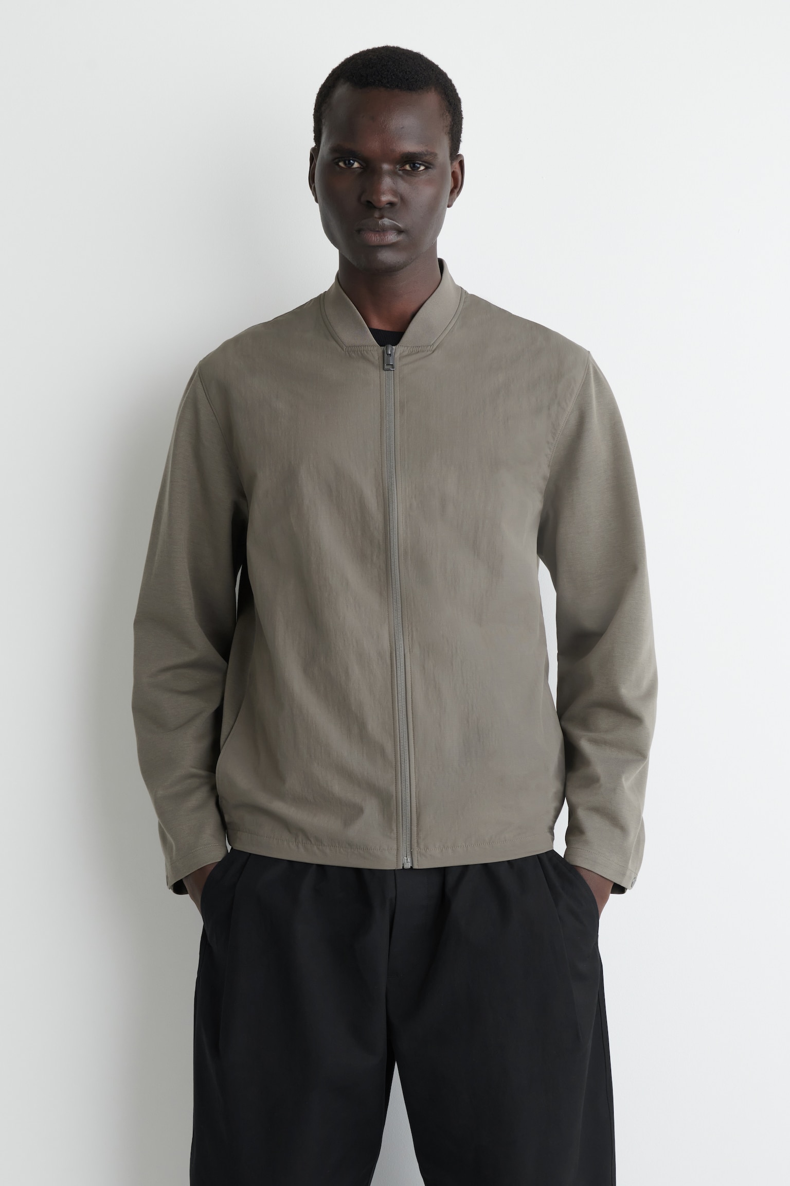 NYLON-PANELLED BOMBER JACKET - GREY-BROWN/BLACK