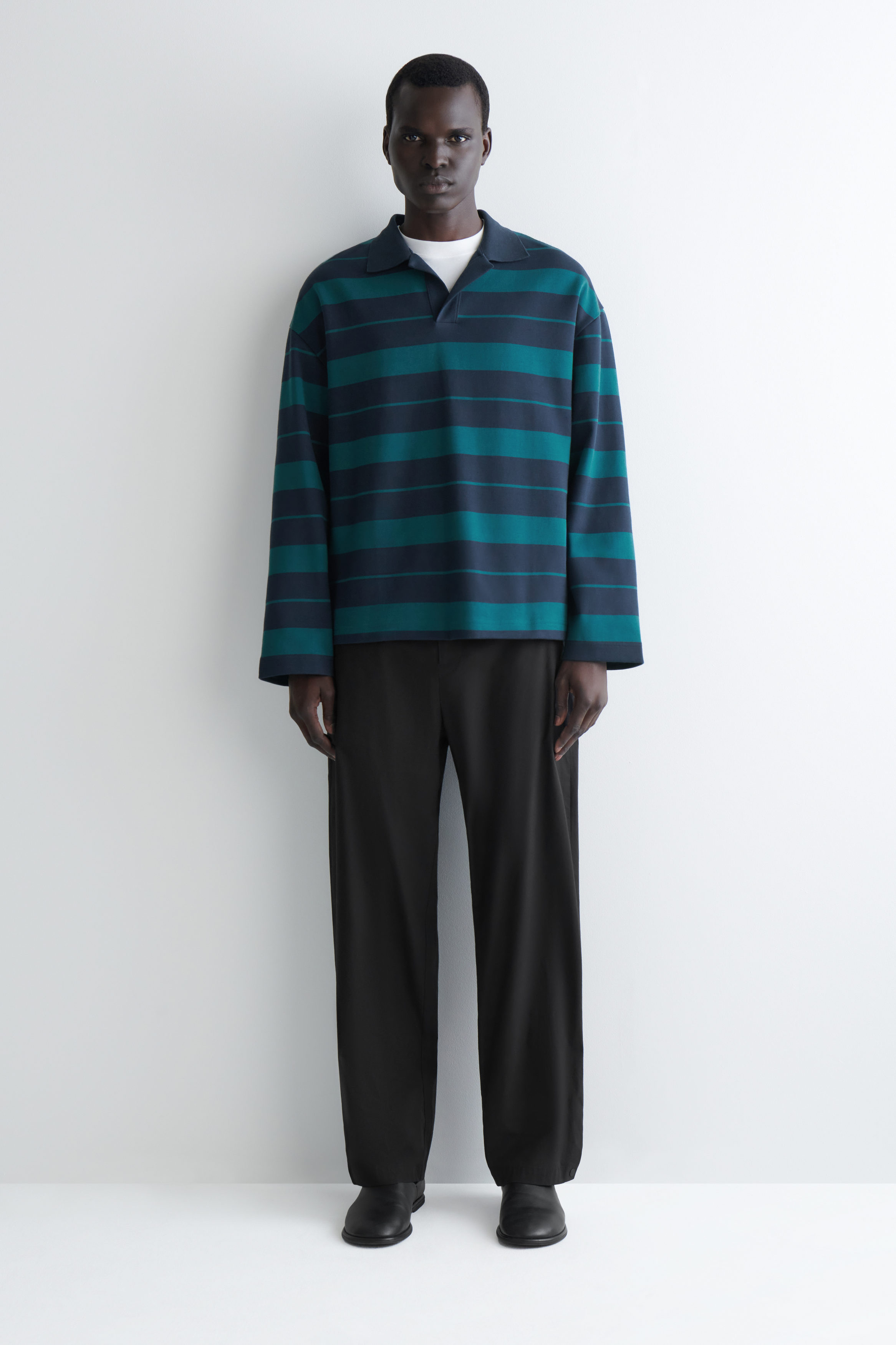 OVERSIZED STRIPED COTTON RUGBY SHIRT - NAVY / TEAL / STRIPED | COS