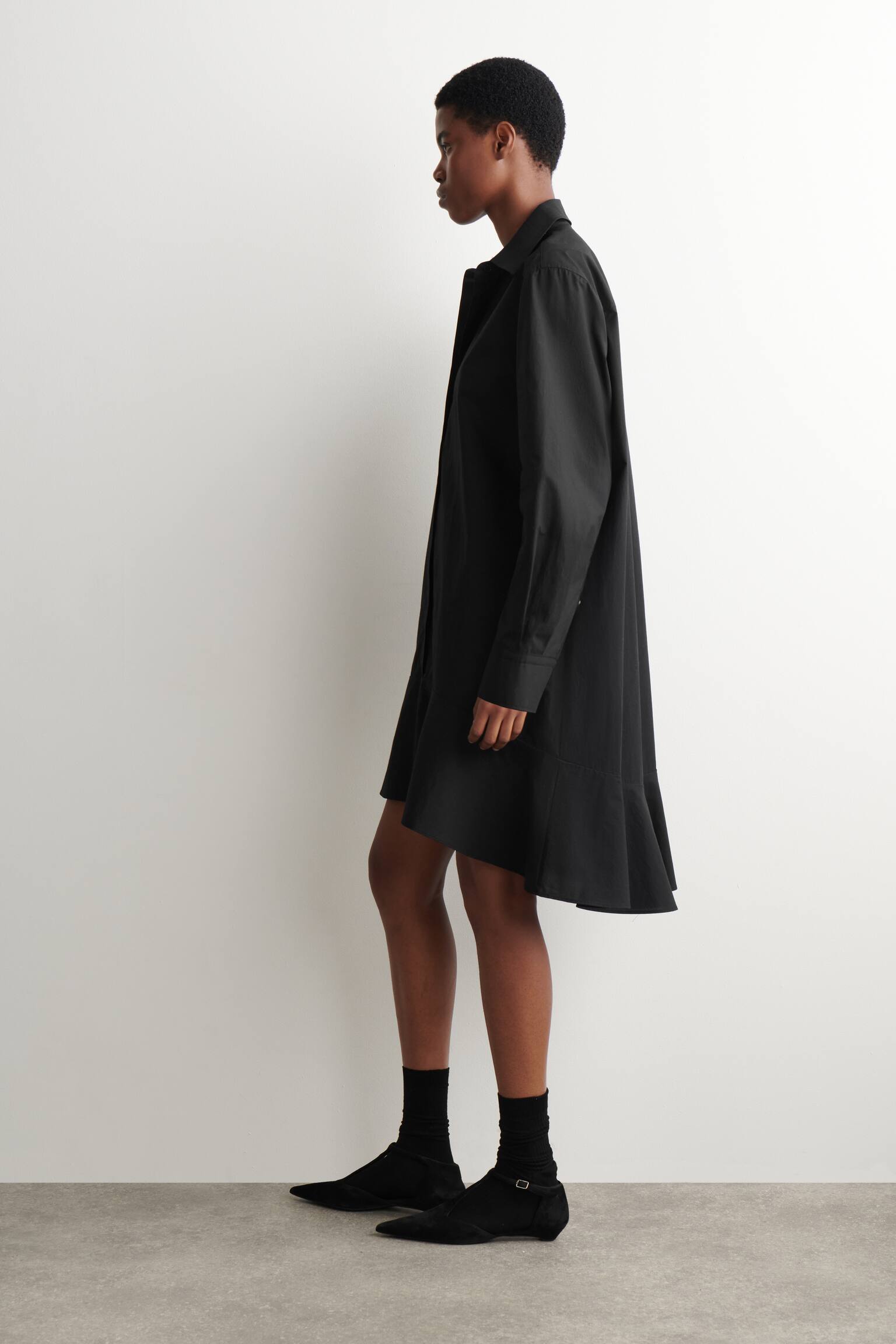 FLARED COTTON MINI SHIRT DRESS - שחור/BLUE - 3