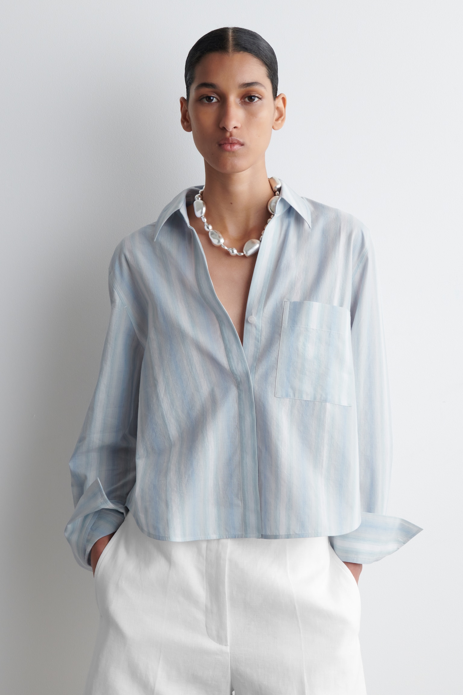 CAMICIA CROPPED IN COTONE A RIGHE - BLU / RIGHE
