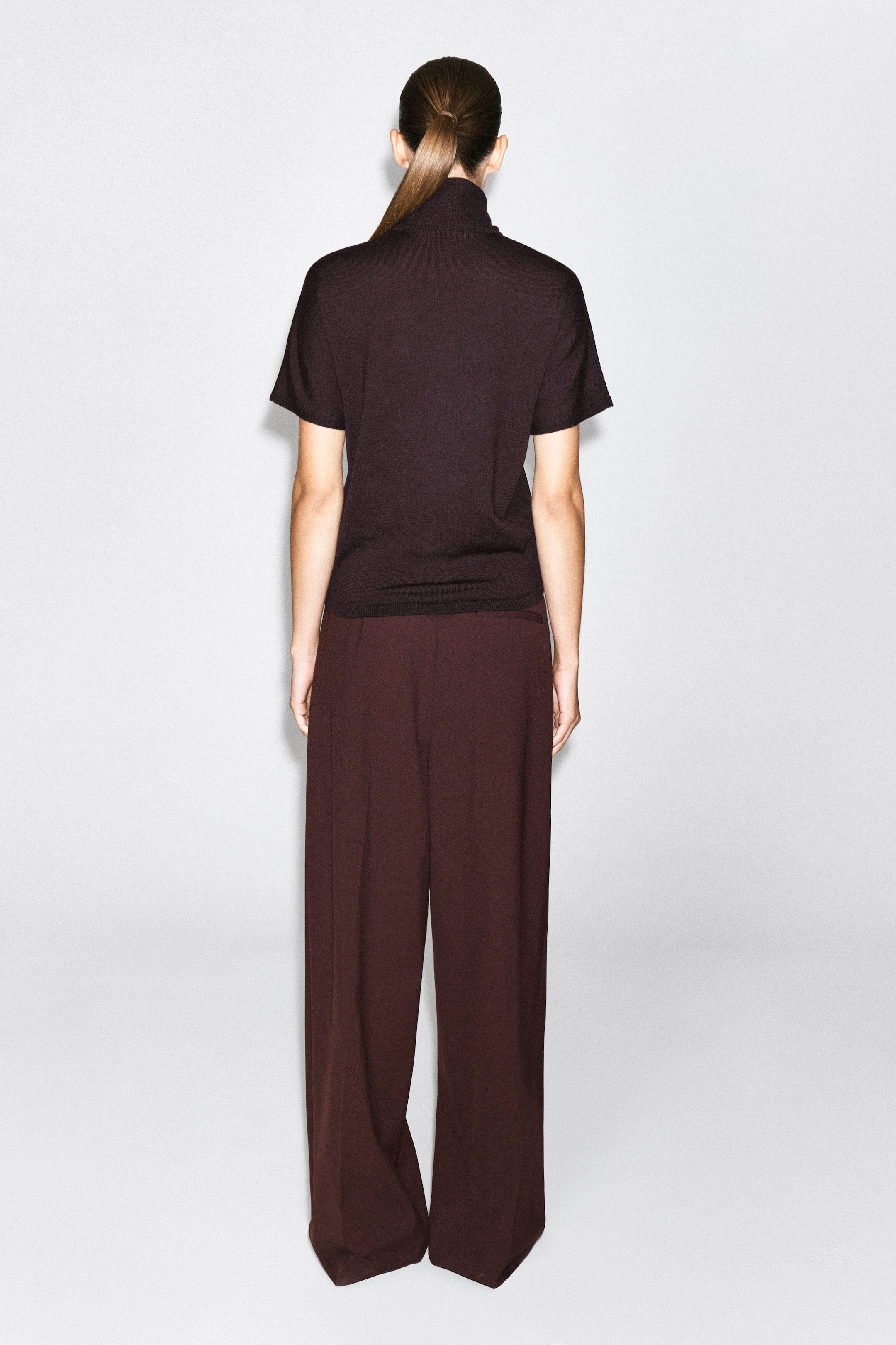 A dark brown merino wool-blend T-shirt with short sleeves and a high collar is worn by the model, shown from the back. The top is paired with matching dark brown wide-leg trousers.