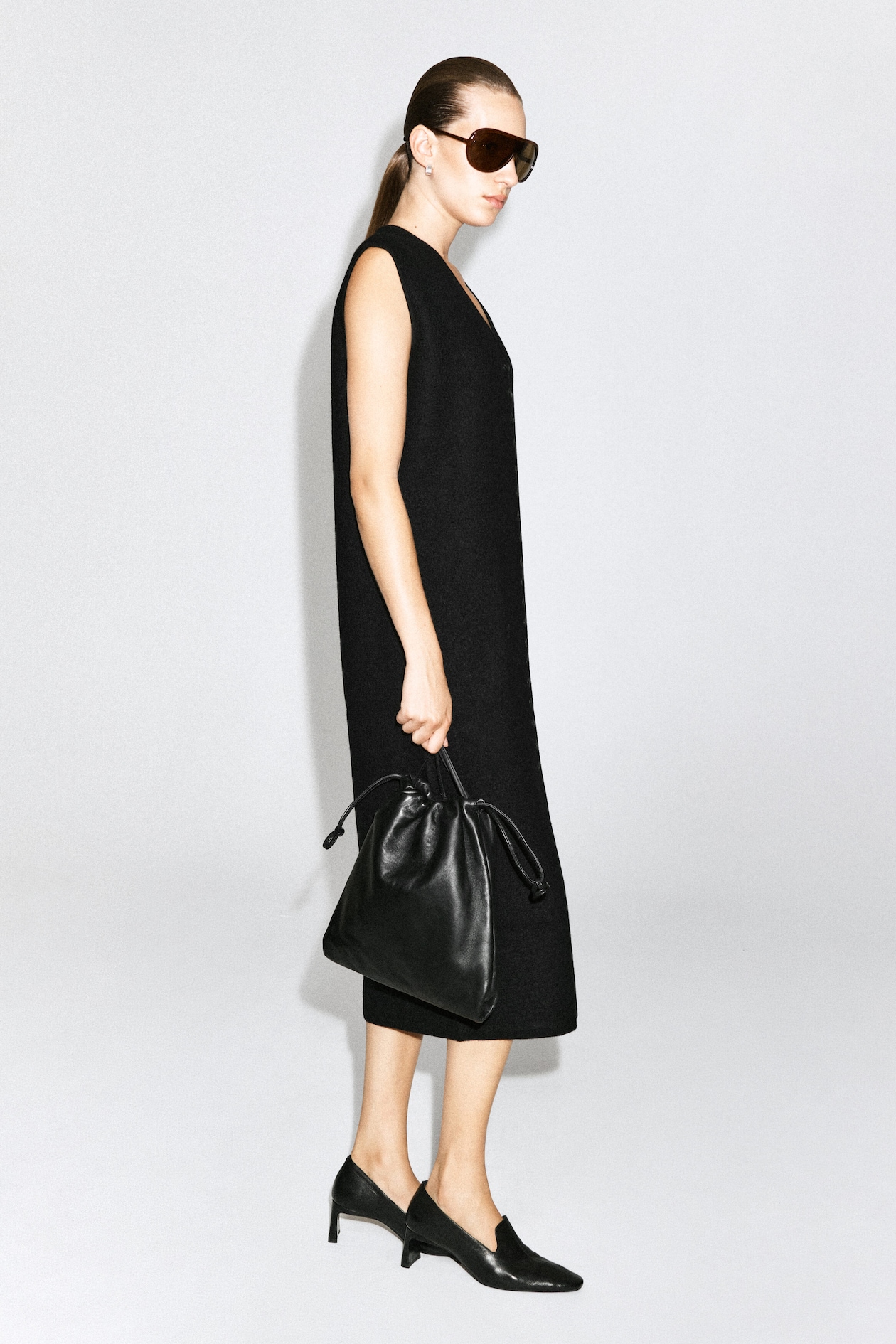 BUTTONED BOILED MERINO WOOL DRESS — BLACK