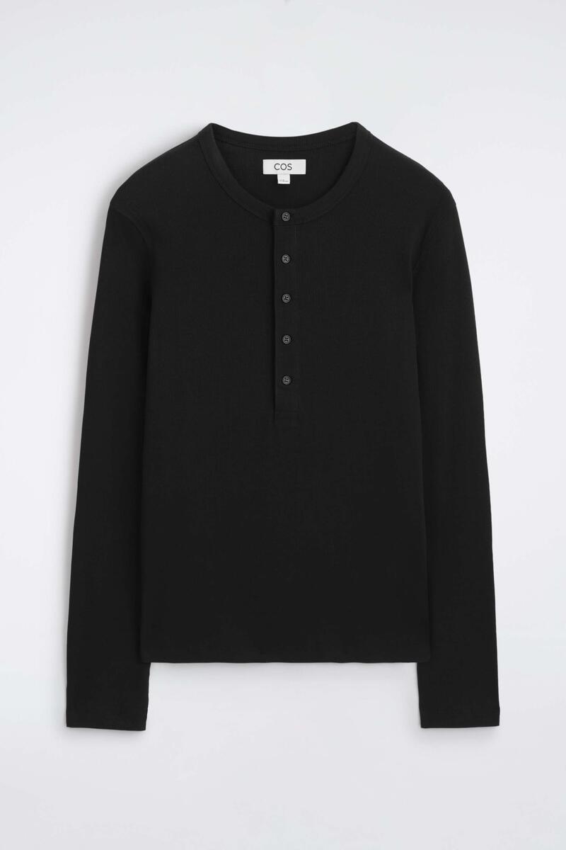 Slim Ribbed Cotton Long-Sleeved Henley T-Shirt