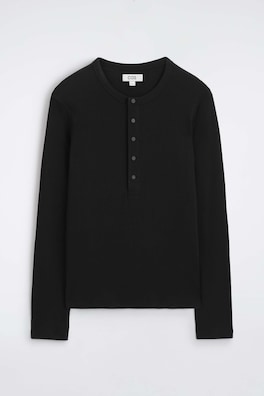 SLIM RIBBED COTTON LONG-SLEEVED HENLEY T-SHIRT — BLACK 7