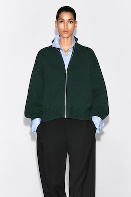 ROUNDED WOOL MOCK-NECK ZIP-UP JACKET — DARK GREEN 3