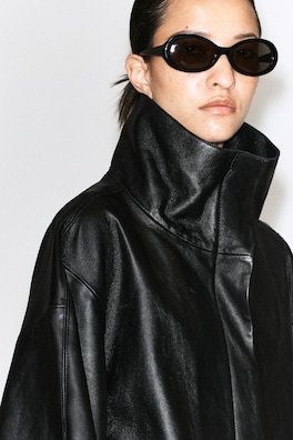 LEATHER FUNNEL-NECK JACKET — BLACK 7