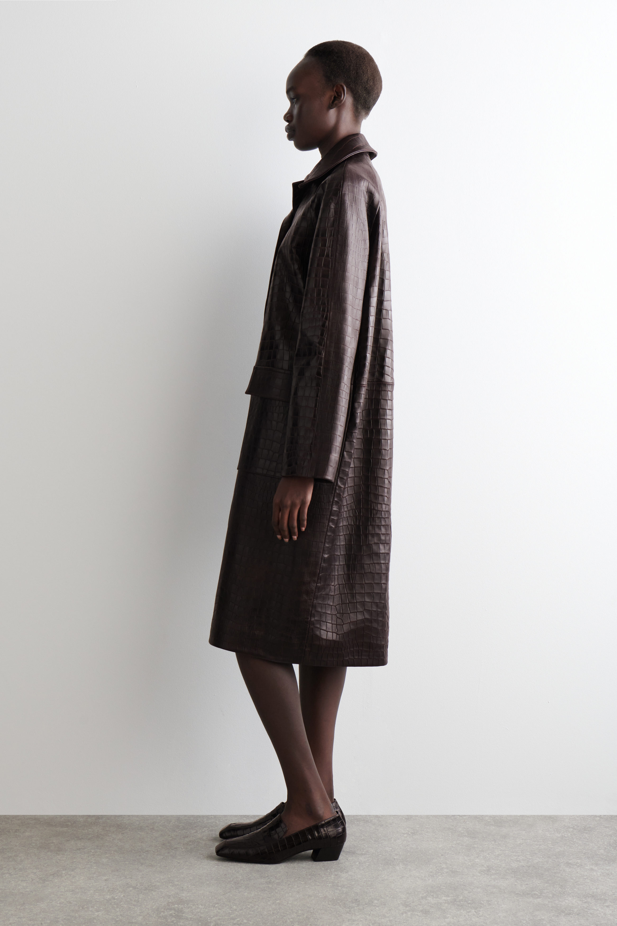 CROC-EFFECT LEATHER LONG COAT - DARK BROWN | COS NL