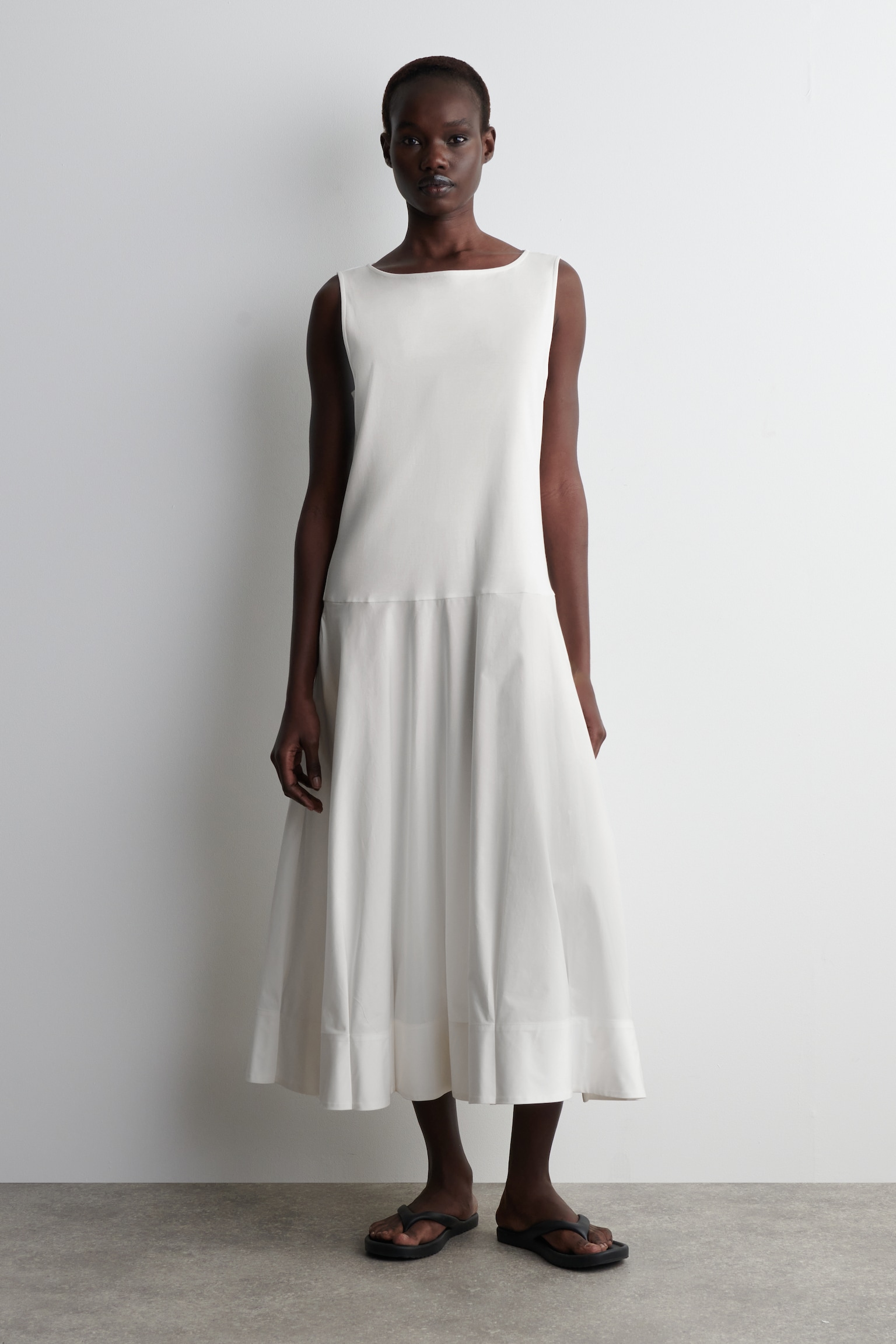 BOAT-NECK COTTON A-LINE MIDI DRESS - WHITE/BLACK