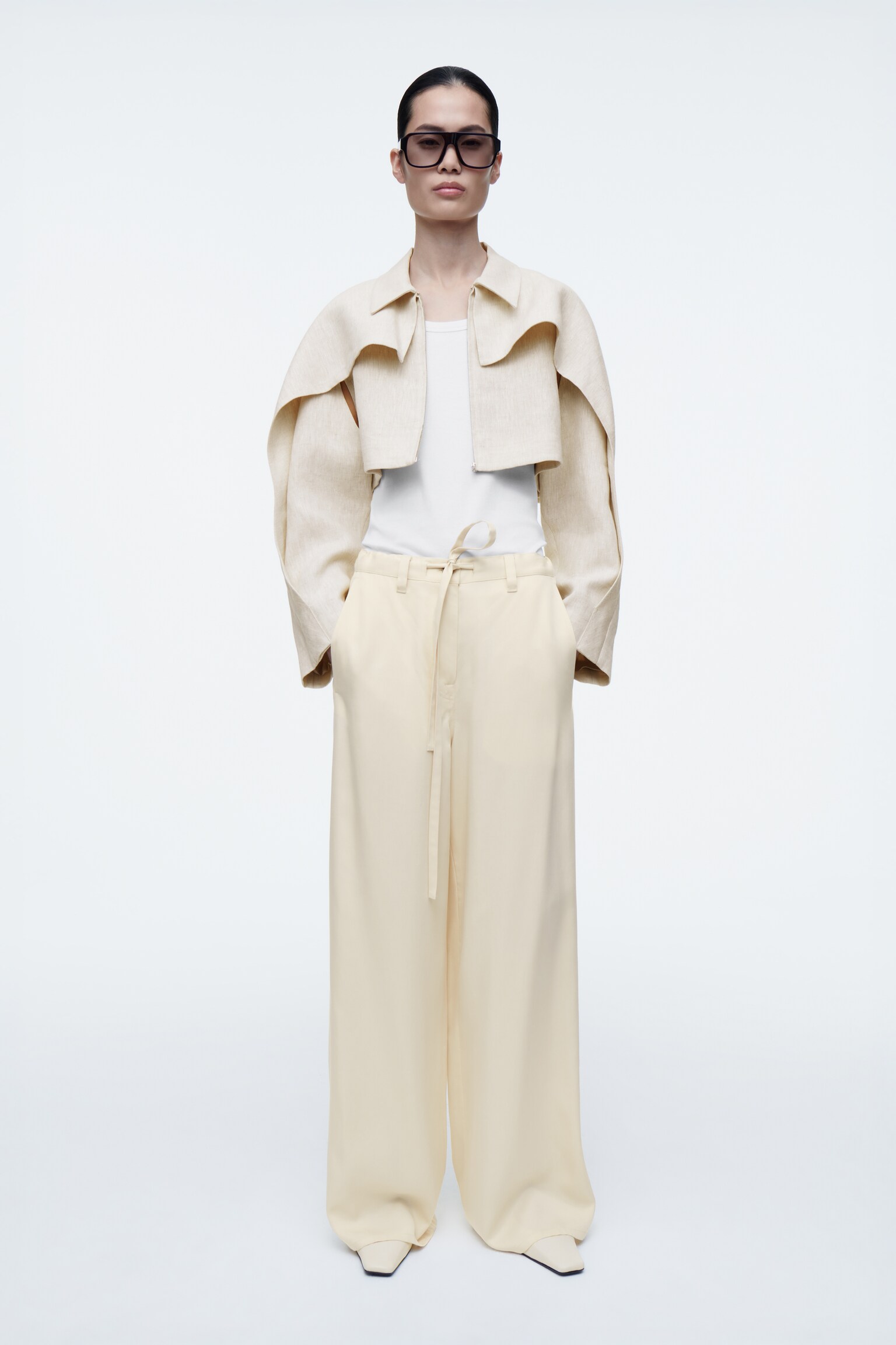 CROPPED LINEN JACKET - LIGHT BEIGE - 3