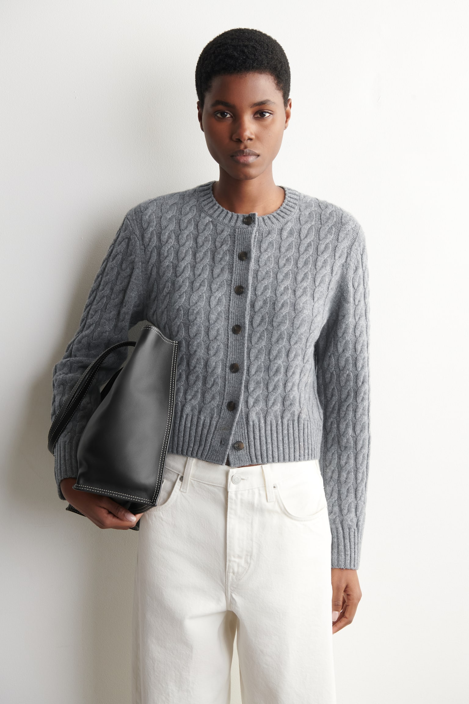 CARDIGAN IN LANA MERINO CON LAVORAZIONE A TRECCE - GRIGIO/AVORIO - 1