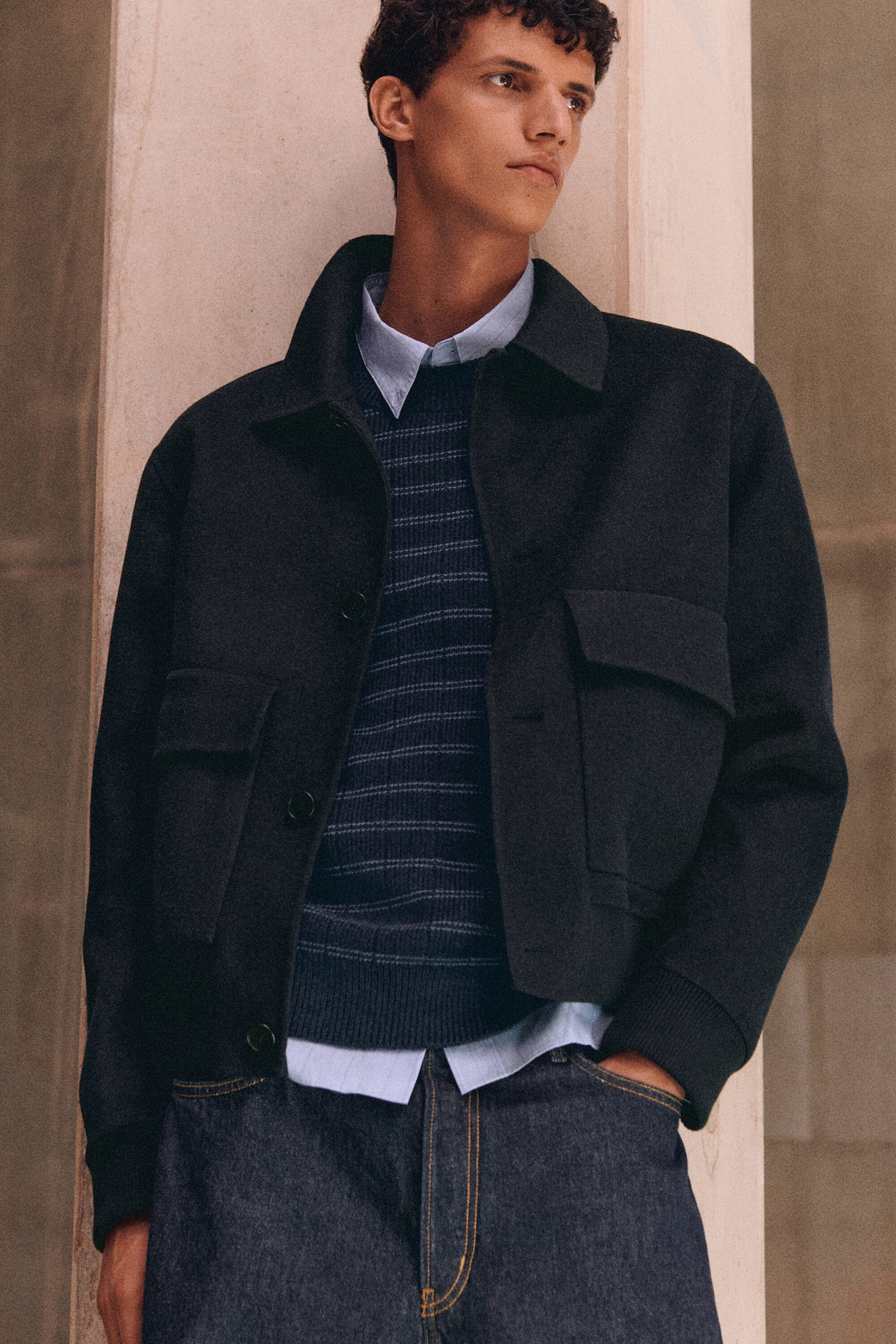 DOUBLE-FACED WOOL-BLEND BOMBER JACKET — NAVY