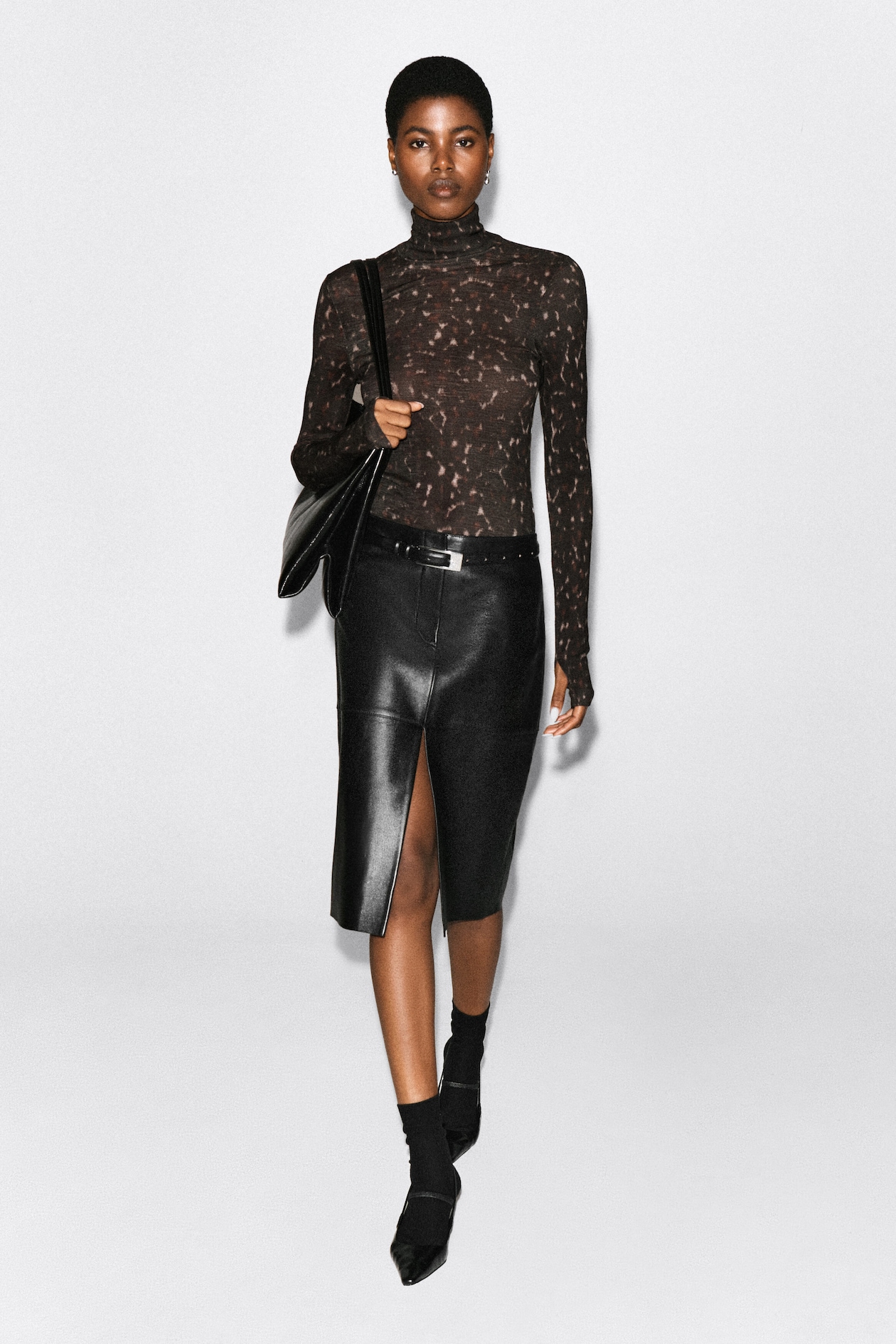MERINO WOOL TURTLENECK TOP — BROWN / LEOPARD PRINT