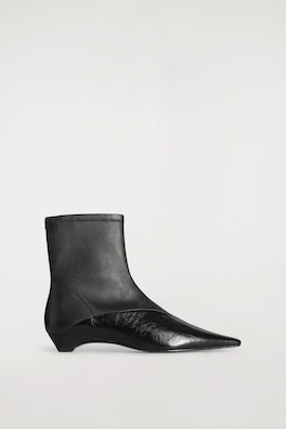 PANELED POINTED LEATHER WEDGE ANKLE BOOTS — BLACK 3