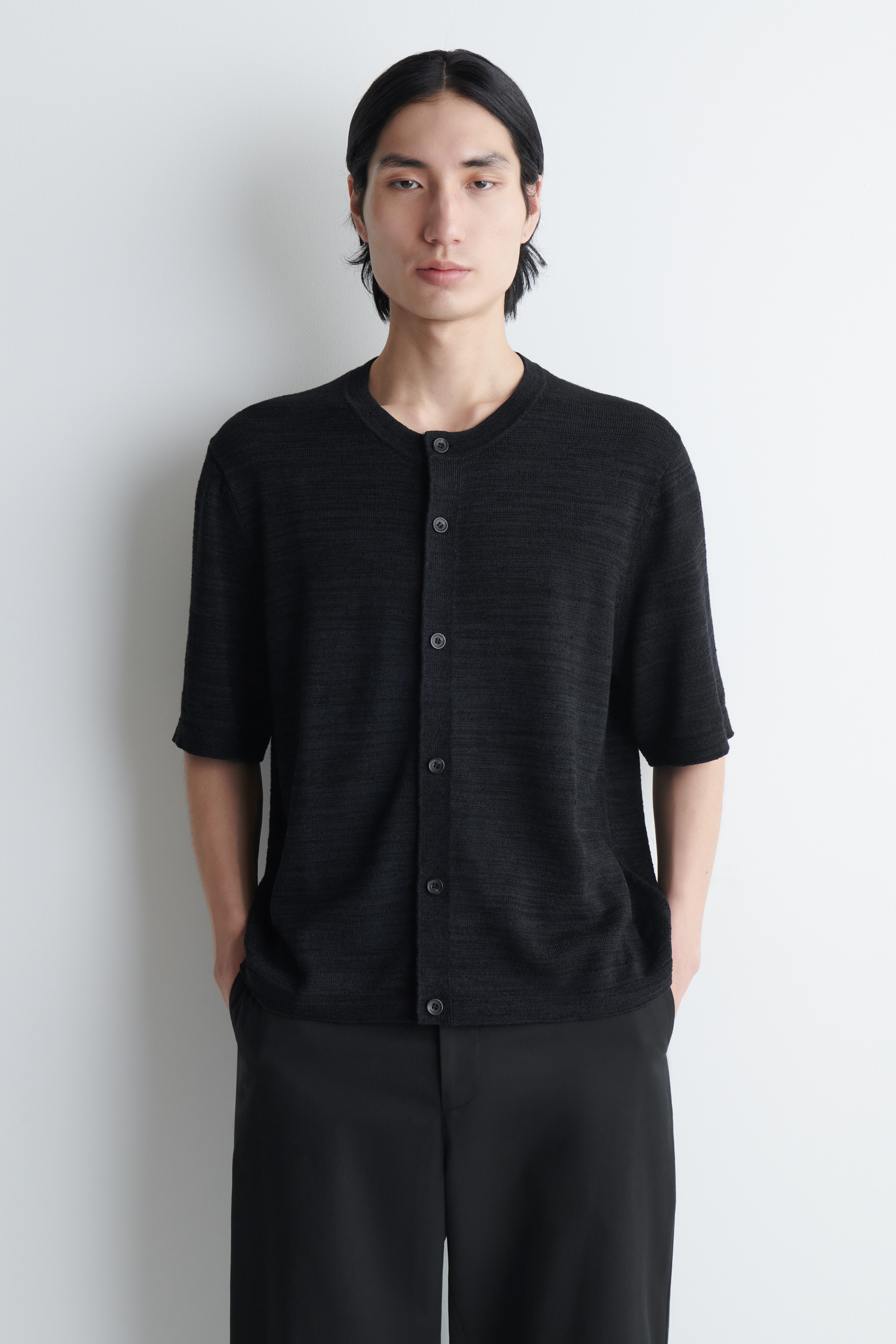 BOUCLÉ-KNIT SHORT-SLEEVED CARDIGAN - BLACK MÉLANGE/KHAKI MÉLANGE