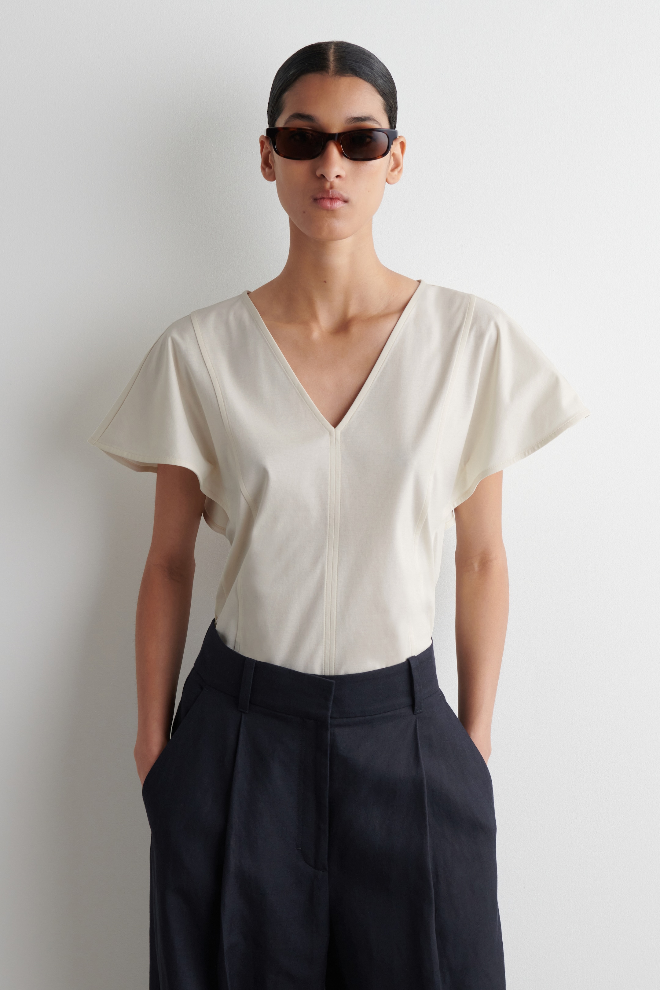 View larger image: PETAL-SLEEVE COTTON TOP - IVORY - Ladies | H&M GB 1