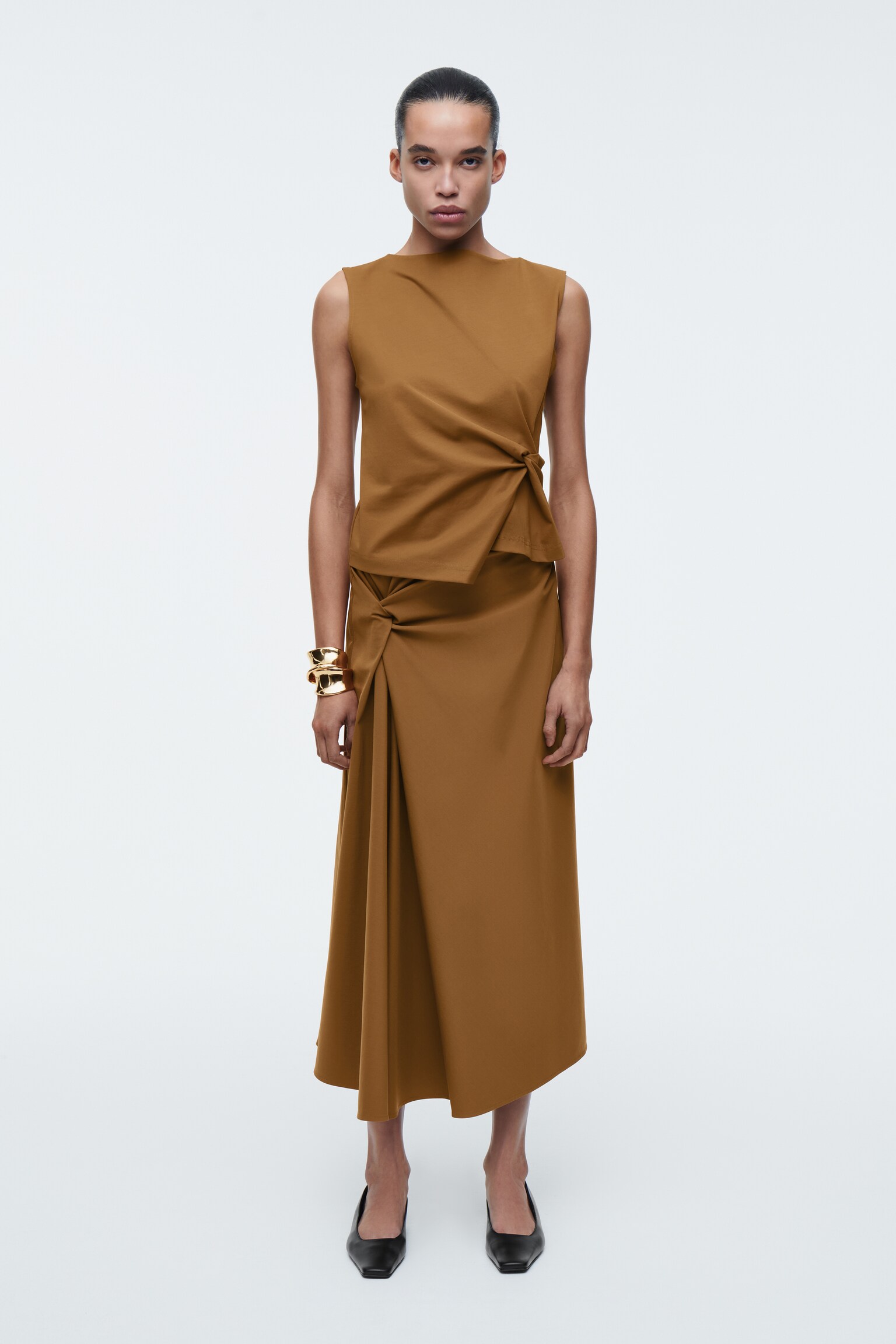 TWIST-DETAIL MIDI SKIRT - BROWN/BLACK