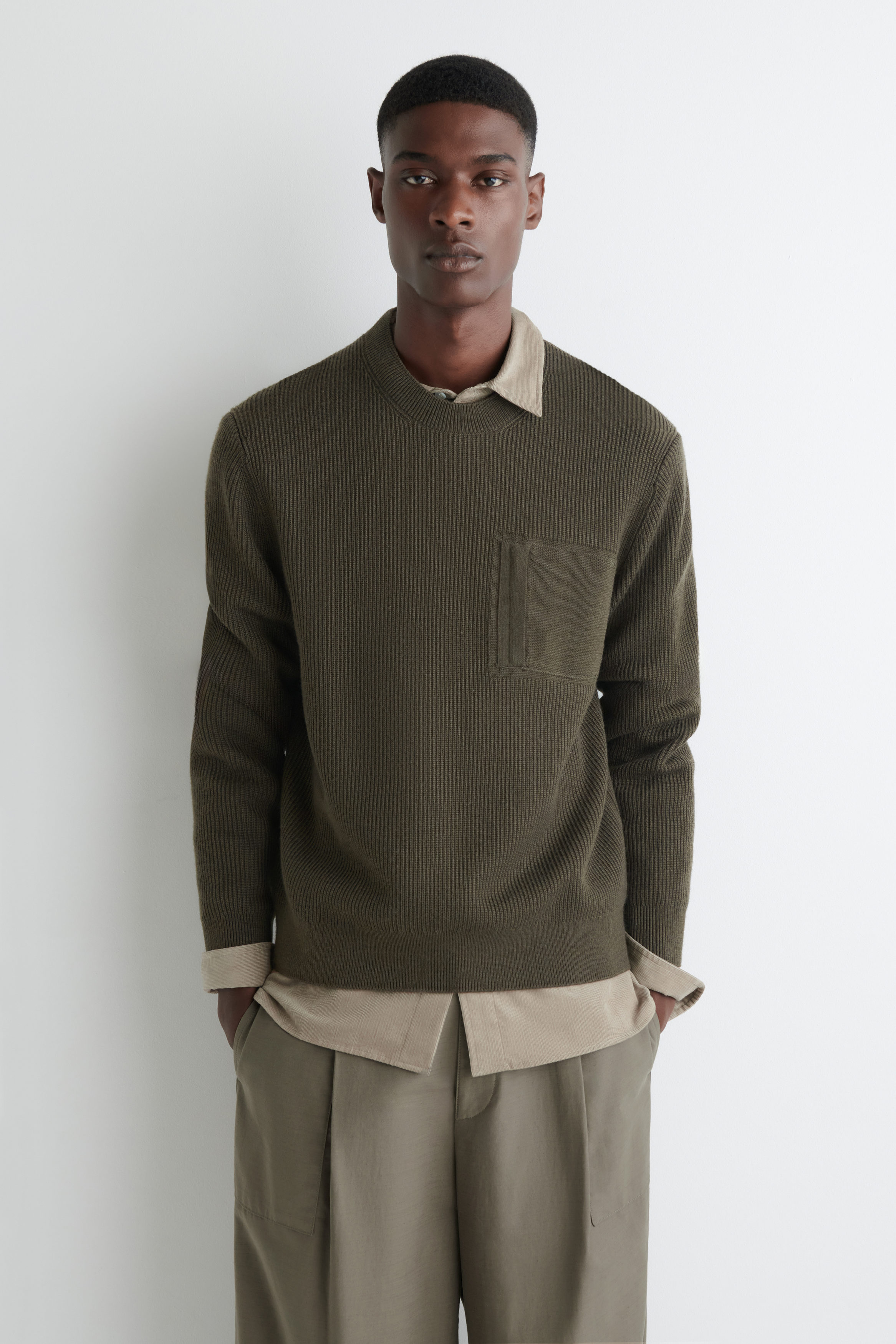 POCKET-DETAIL WOOL CREW-NECK SWEATER - KHAKI | COS