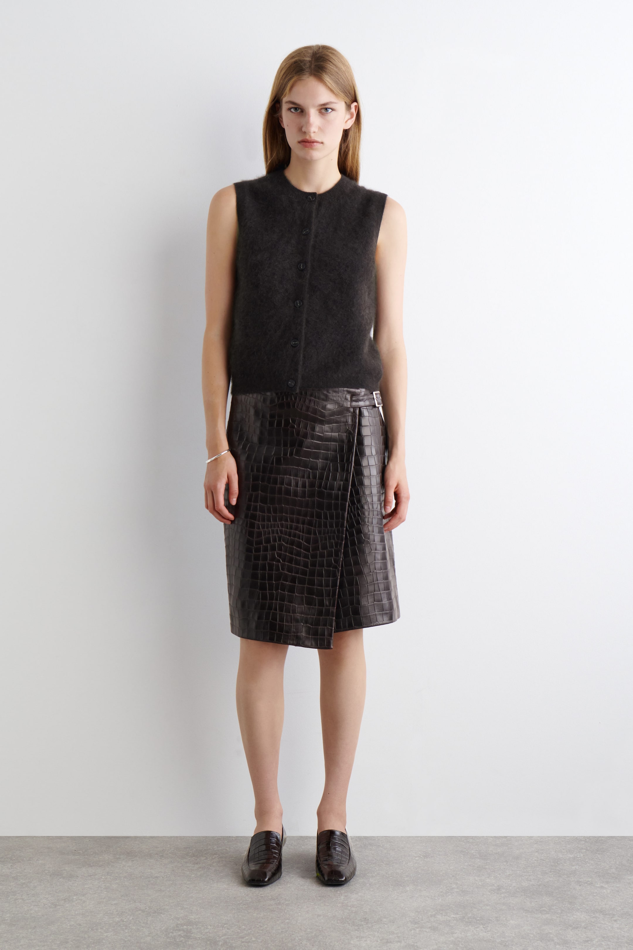 CROC-EFFECT LEATHER WRAP SKIRT