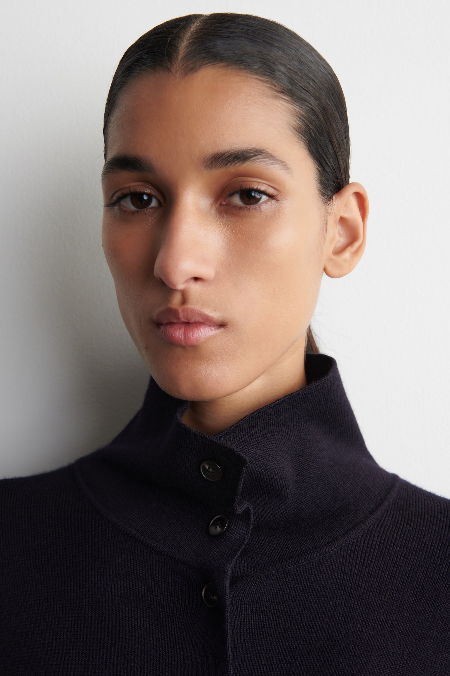 MERINO WOOL FUNNEL-NECK CARDIGAN - NAVY/BEIGE MÉLANGE - 8