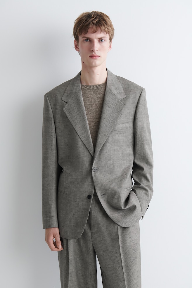 KARIERTER BLAZER AUS STRUKTURIERTER WOLLE - BEIGE/KARIERT - 1