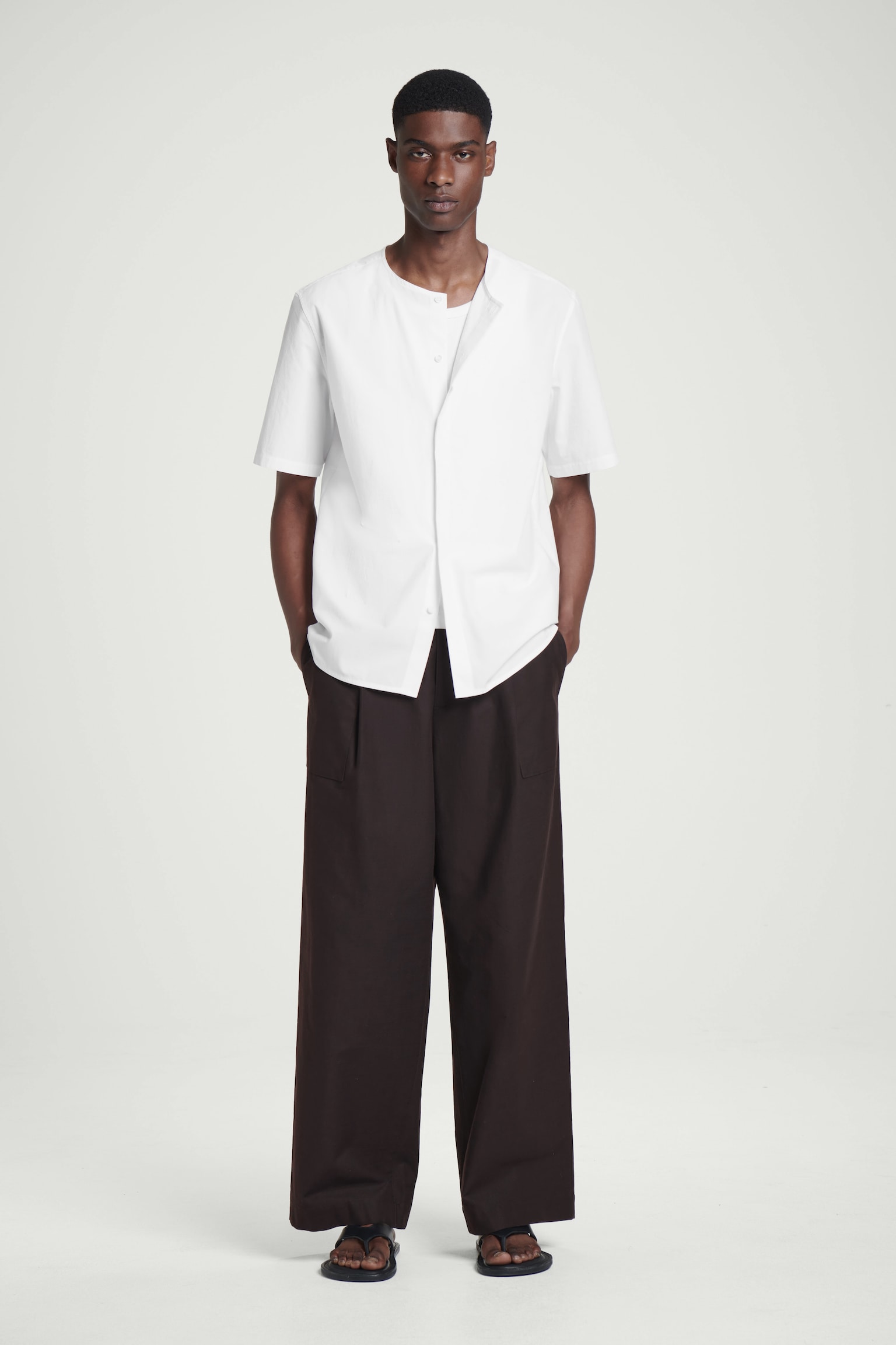 COLLARLESS PIMA COTTON SHIRT - WHITE/NAVY - 5