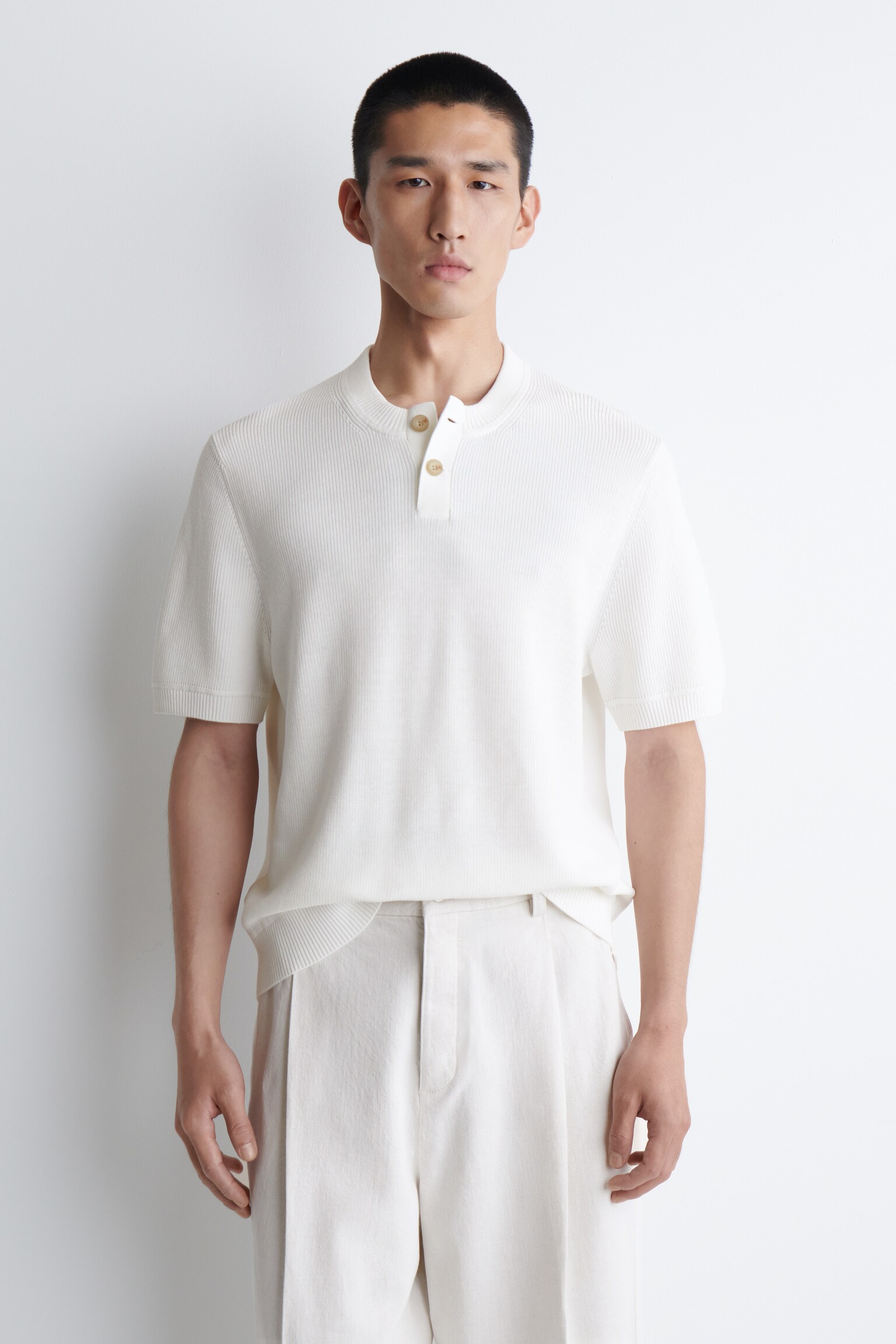 T-SHIRT HENLEY EN MAILLE DE COTON - BLANC/BLEU MARINE - 1