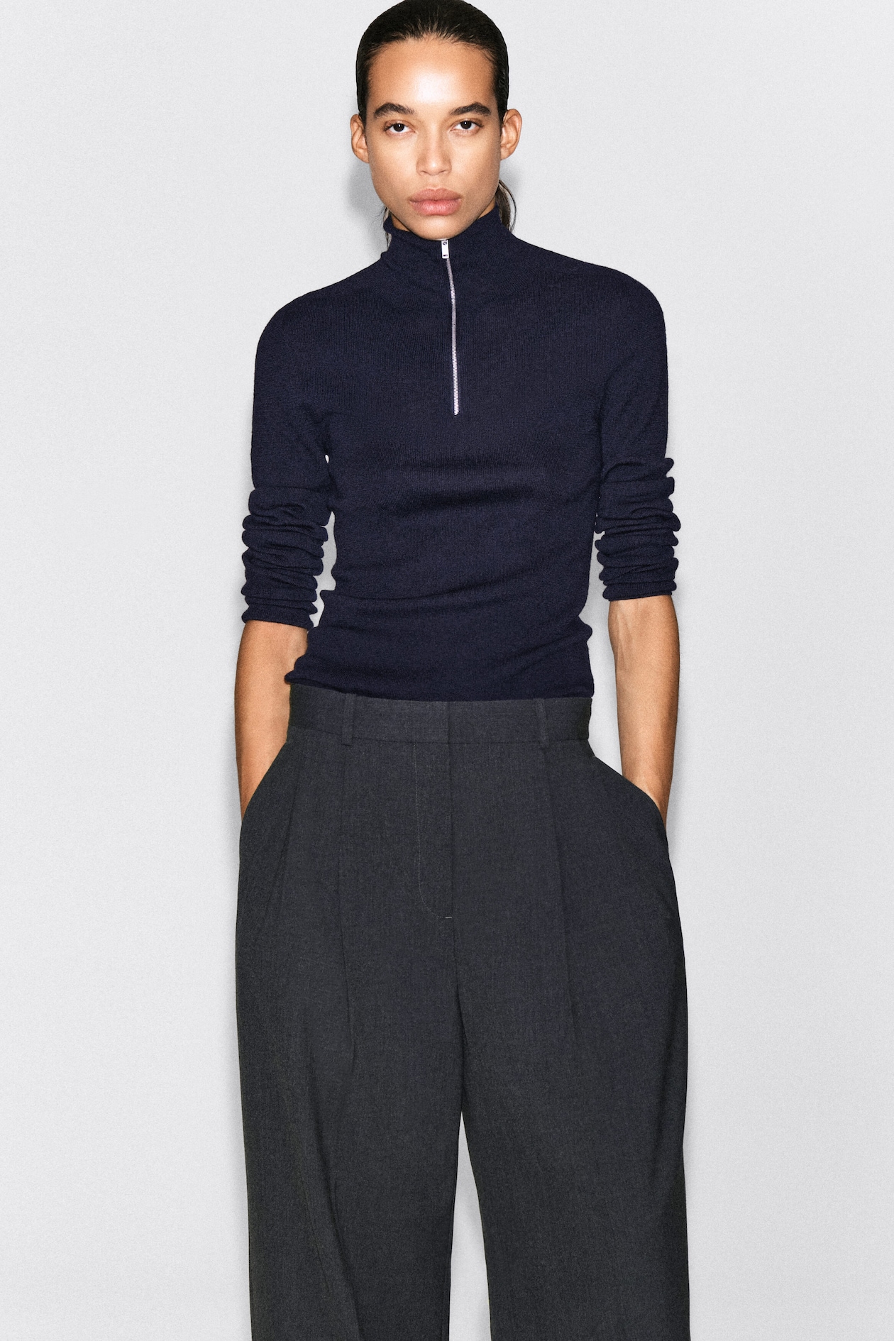 RELAXED TWILL WIDE-LEG PANTS — DARK GRAY