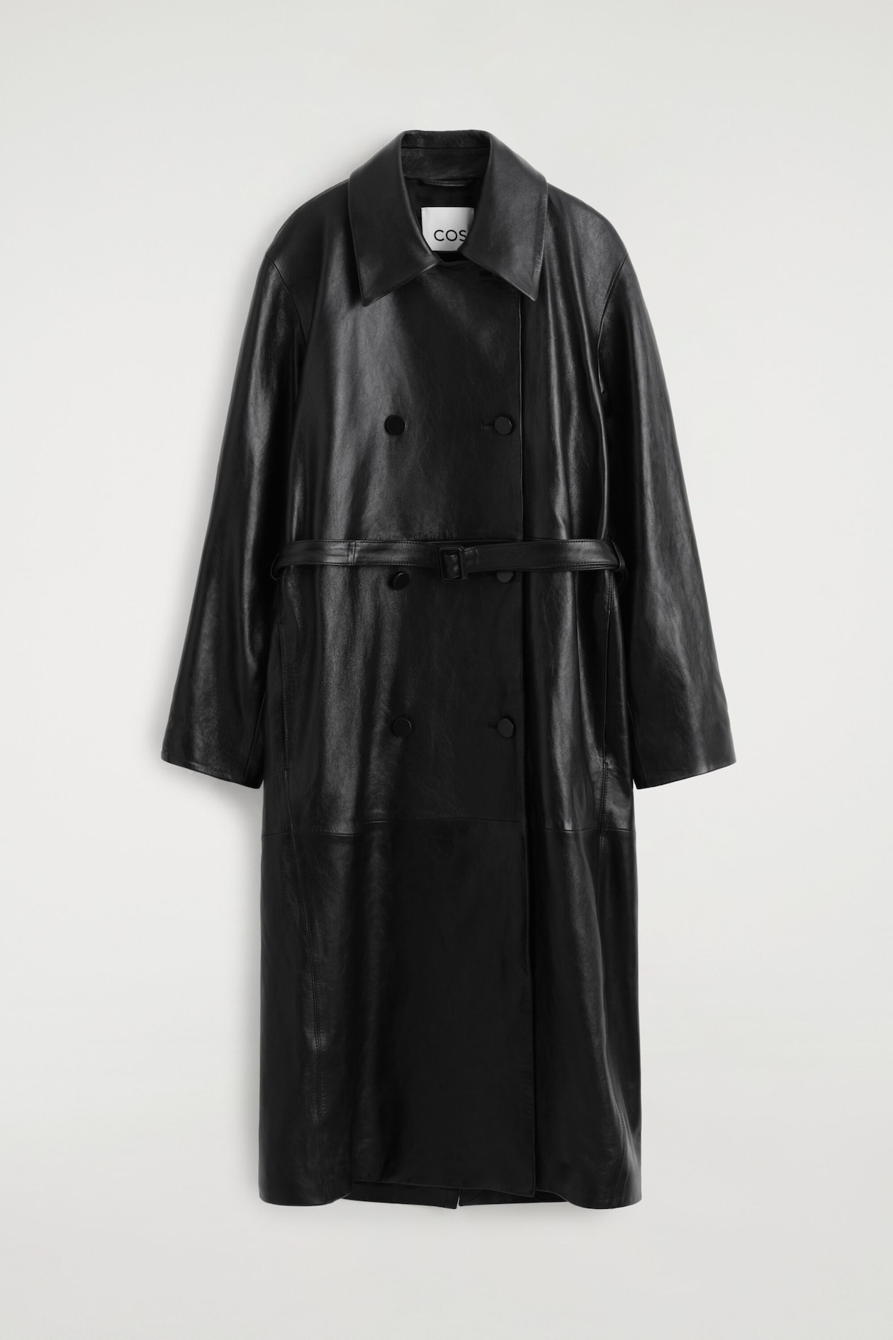 OVERSIZED BELTED LEATHER LONG COAT — BLACK