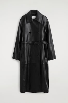 OVERSIZED BELTED LEATHER LONG COAT — BLACK 16