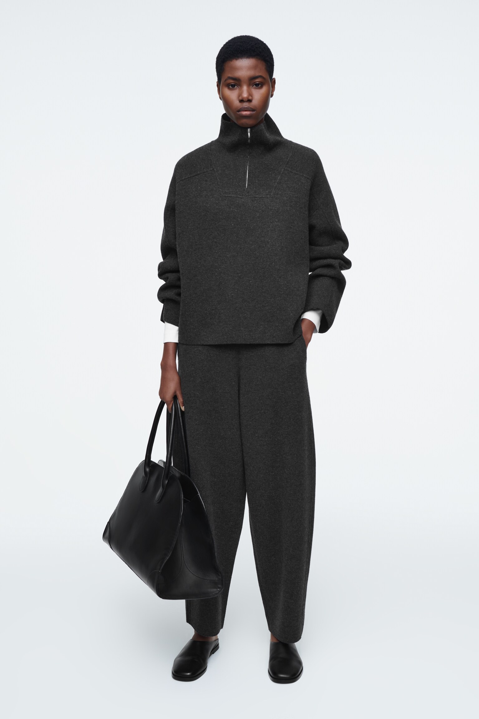 MERINO WOOL BARREL-LEG TROUSERS - CHARCOAL MÉLANGE/GREY MÉLANGE - 7