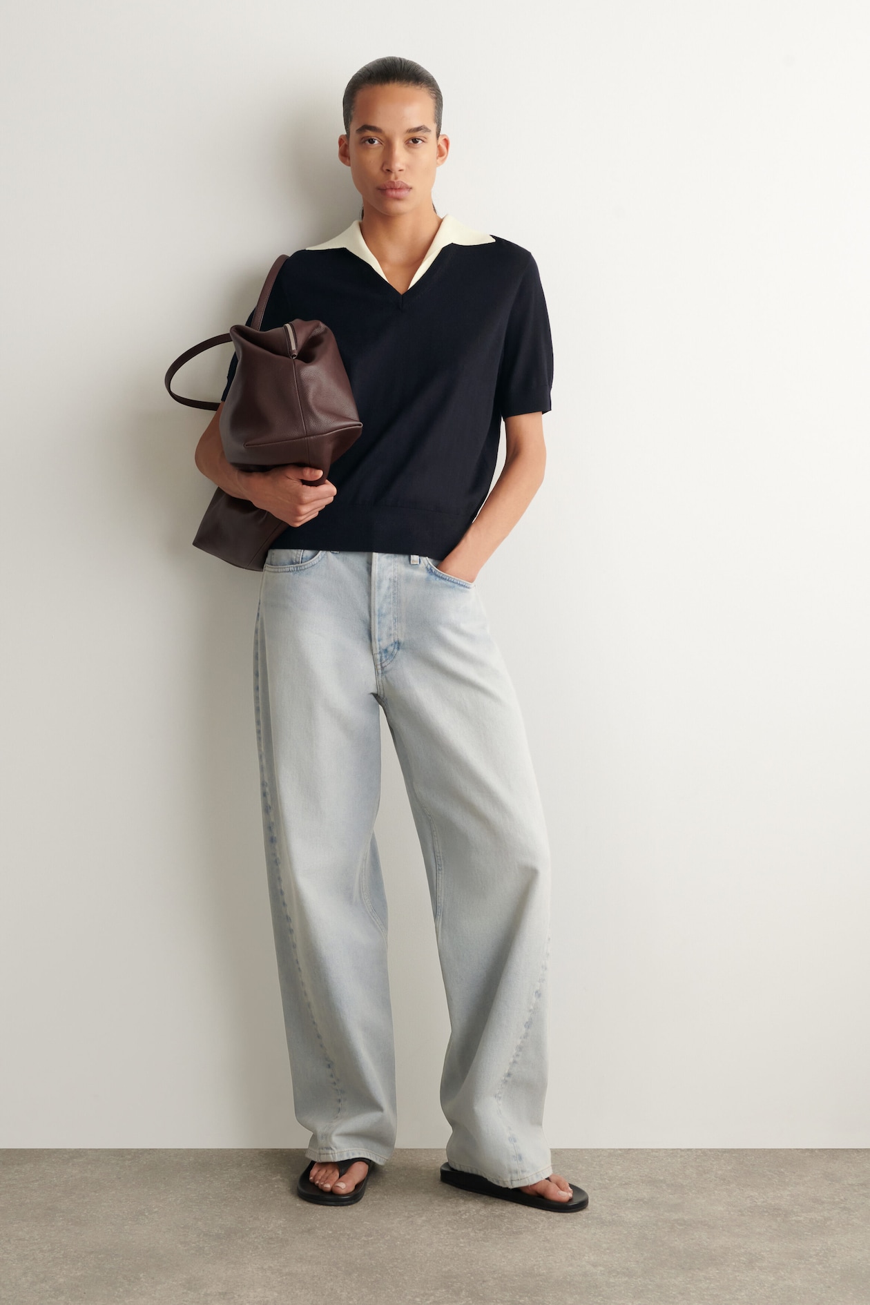 MERINO WOOL LAYERED POLO SHIRT — NAVY / WHITE