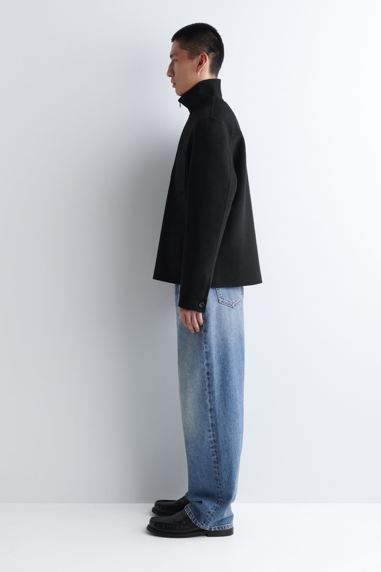 DOUBLE-FACED WOOL ZIP-UP SWEATSHIRT — BLACK