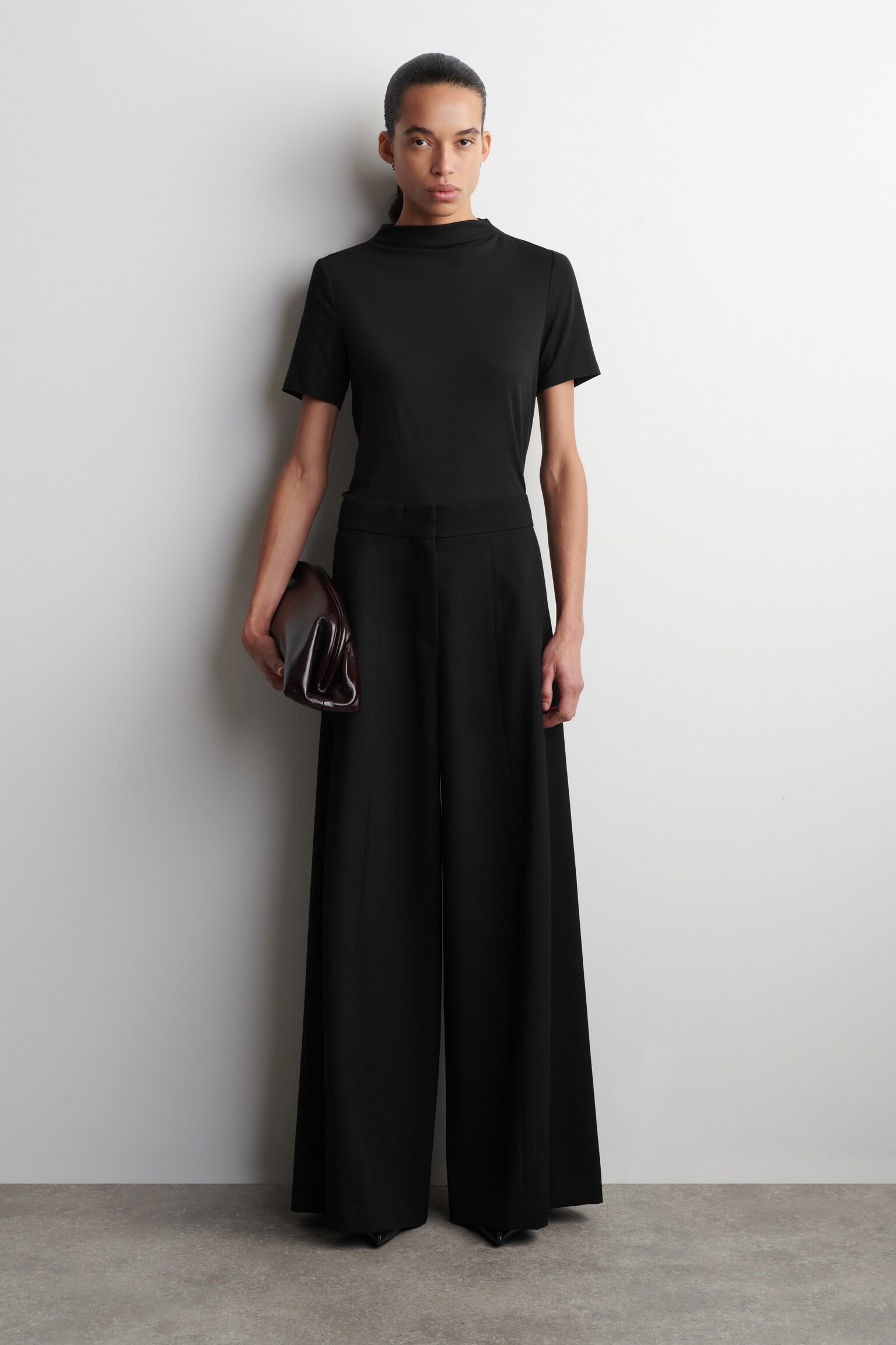 PANTALON LARGE DÉCONTRACTÉ EN LAINE MÉLANGÉE - NOIR/BORDEAUX/VERT FONCÉ