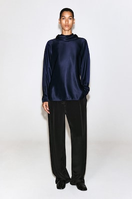 COWL-NECK SATIN BLOUSE — MIDNIGHT BLUE 2