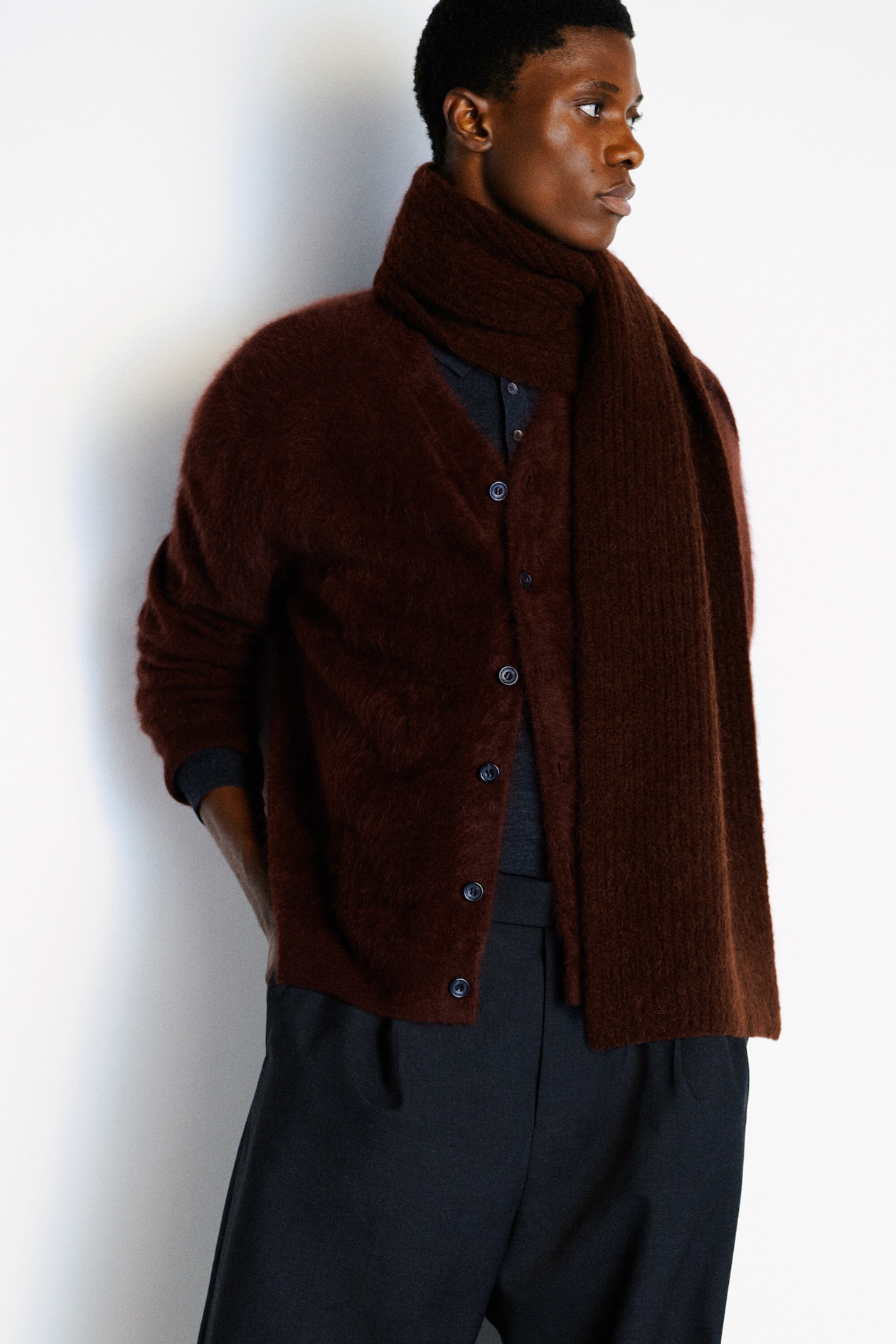 BRUSHED PURE CASHMERE V-NECK CARDIGAN — WINE RED